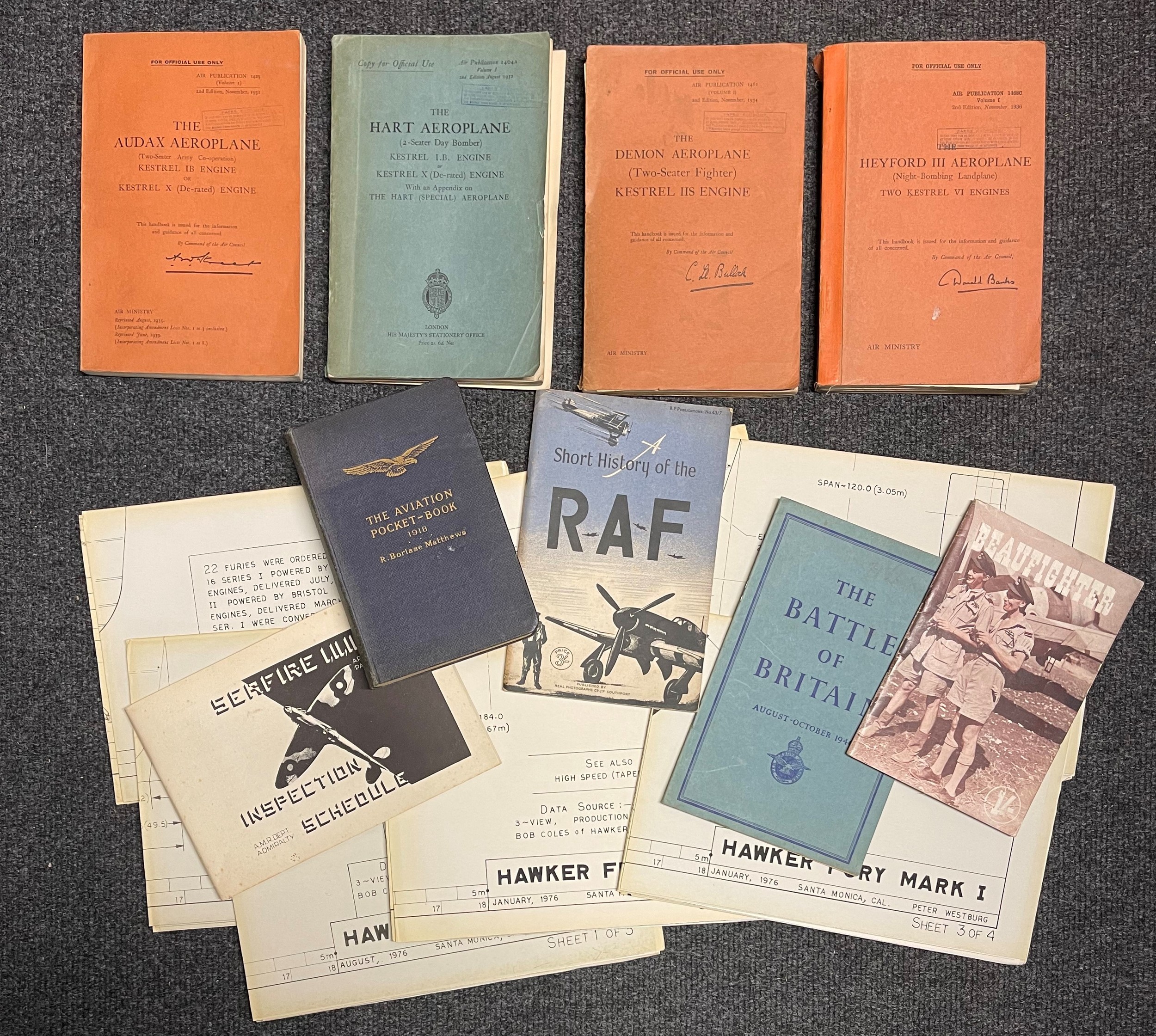 A collection of original Air Ministry pre war aircraft manuals to include 1934 Hawker Demon: 1932 Hawker Hart: 1939 Hawker Audax: 1936 Heyford III: REPRINT Seafire I, II, III Inspection & Schedule Manual: Short History of the RAF: Beaufighter: AM Battle of Britain booklet: 1970's plans for the Hawker Hart: plus a 1918 Aviation Pocket Book by R.Borlase- Maththews.