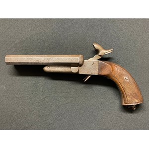 Double barrel pinfire pistol with 139mm long barrels. Bores approx. 14mm. Working condition. No makers marks. Barrels and receiver  both stamped "22". Receiver also marked "1850". Lanyard ring to butt. Overall length 260mm. Section 58 (2) no licence required.Folding triggers.