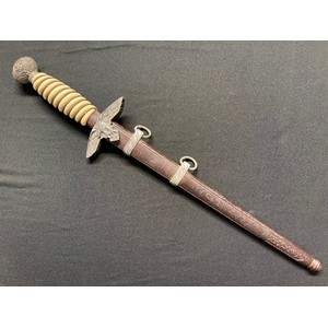 WW2 Third Reich Luftwaffe Dagger with double edged blade 260mm in length maker marked "Alcoso, Solingen". White grip with grip wire present. Overall length 395. Complete with steel scabbard with alloy fittings.