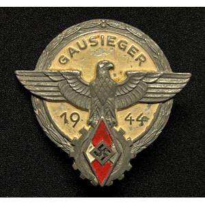 WW2 Third Reich Hitler Jugend Gauseiger Award 1944. Maker marked "G Brehmer, Markneukirchen". Typical late war example with painted finish.