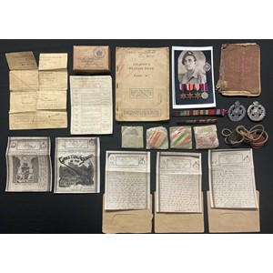 WW2 British Desert Rat's Medal group to 1821095 Rifleman Norman Tattersall, Rifle Brigade, comprising of :  1939-45 Star, Africa Star, Italy Star and War Medal, all in original packets with ribbons, boxed with award slip, along with two medal ribbons plus two Rifle Brigade cap badges, Identity Discs, AB64 Paybook, Soldiers Class A Release book, Airgraph letters home etc.