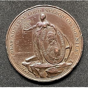 Davison Nile Medal for the Battle of the Nile 1798, in bronze. Obverse Britannia with anchor and Nelson portrait, reverse with battle scene, by C H Cuchler, 47mm diameter. Inscribed to the edge with "A Tribute of regard from Alexr. Davison Esq. St. James' Square".