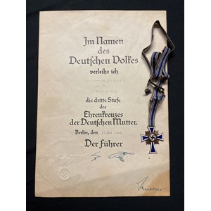 WW2 Third Reich Ehrenkreuz der Deutsche Mutter Dritte Stufe - Mother's Cross 3rd Class (Bronze). Along with original citation.