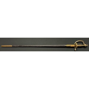 European Small sword with etched fullered single edged blade 805mm in length. Etched with Crown over an Imperial Eagle on one side and piled arms on the opposite side. No makers mark. Folding double shell brass guard. Wire bound grip. Overall length 950mm. Complete with leather scabbard with brass throat with frog stud plus brass chape.