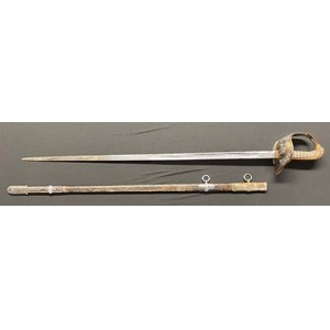 ERII RAF Officers Sword with 82cm long fullered blade with worn heavy chrome plating. Marked "Made in England" . RAF Eagle to Guard with Kings Crown above. ERII Cypher. Wire bound shagreen grip. Overall length 96cm. Complete with leather scabbard with heavily plated fittings.