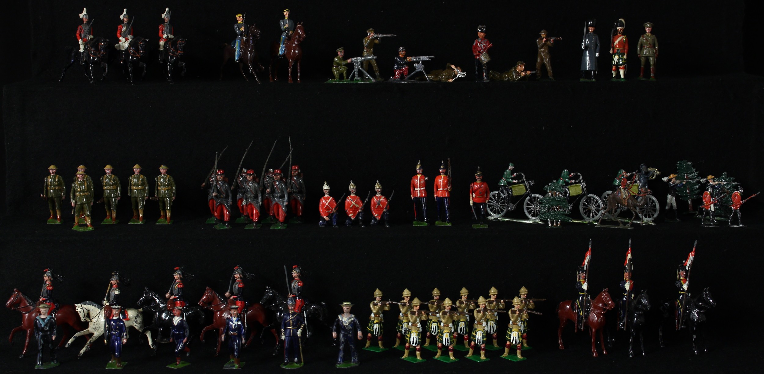 A large and extensive single-owner collection of lead soldiers, civilian figures and accessories, comprising various regiments and poses, some mounted on horseback, mostly by W Britain (Britains), other significant and recognisable manufacturers include Charbens, Taylor & Barrett, John Hill Co. (Johillco) and The Wellington Toy Co. (WTC, Liverpool); other Continental figures including C.B.G. Mignot (Paris, France) (large quantity)