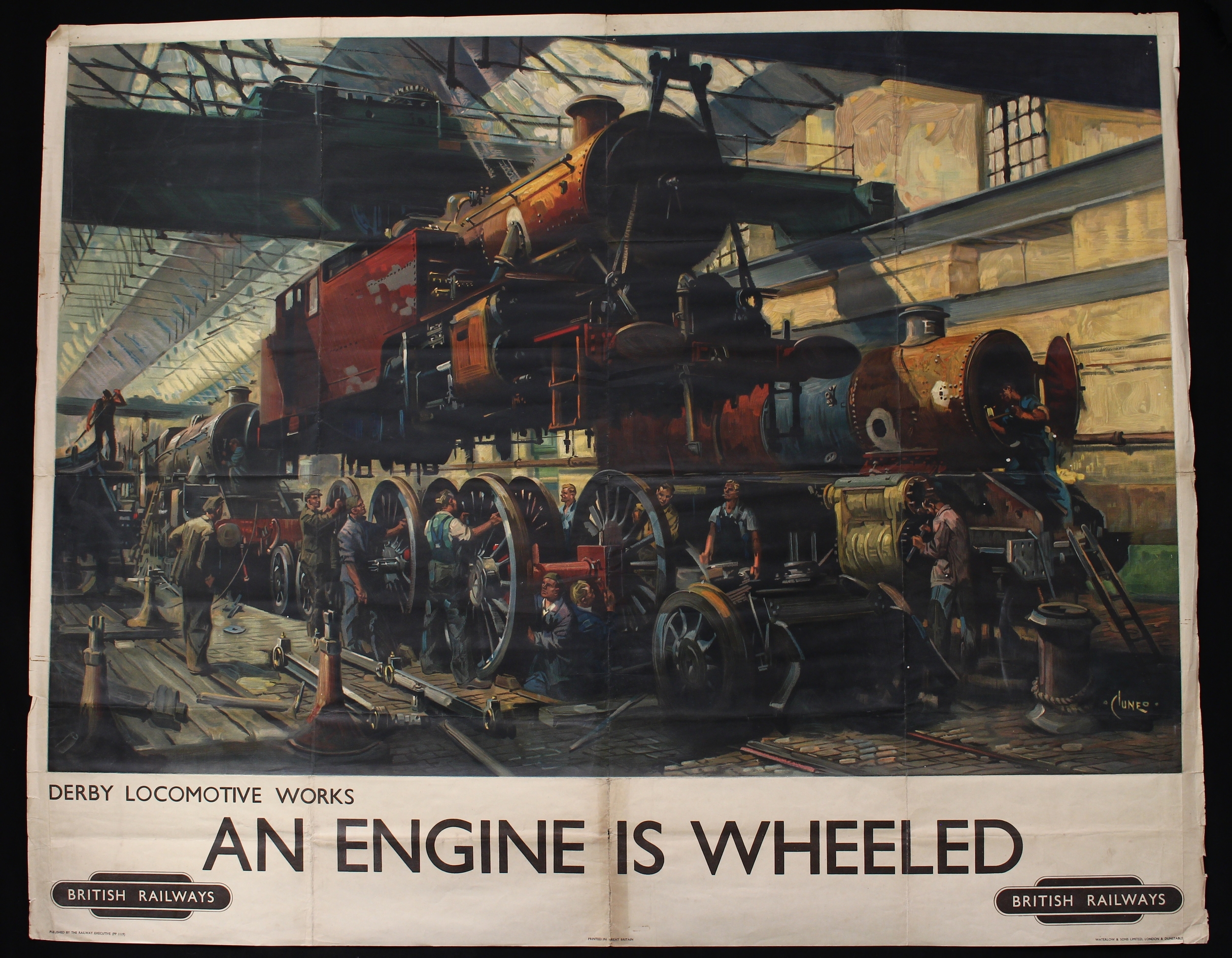 Railwayana, Derbyshire Interest – a British Railways Terence Cuneo railway poster, titled “DERBY LOCOMOTIVE WORKS, AN ENGINE IS WHEELED”, illustrated with a B.R. standard 2-6-4 locomotive that has been lifted off it’s wheels, published by the Railway Executive (PP 1119), printed in Great Britain, Waterlow & Sons Ltd, London and Dunstable, 101cm x 126cm, unframed