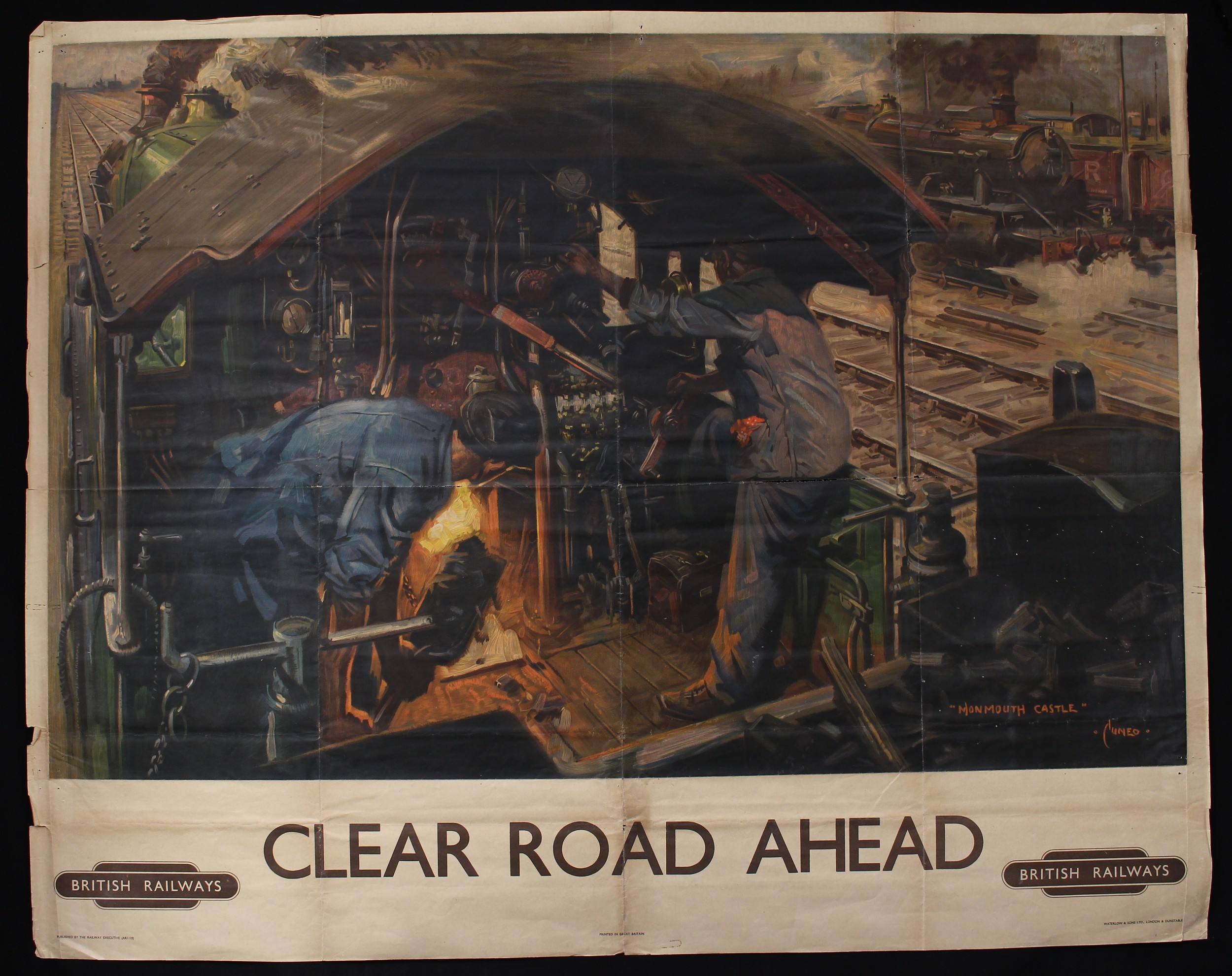 Railwayana, Welsh Interest – a British Railways Terence Cuneo railway poster, titled “MONMOUTH CASTLE” and “CLEAR ROAD AHEAD”, illustrated with footplate crew, published by the Railway Executive (AR110), printed in Great Britain, Waterlow & Sons Ltd, London and Dunstable, 101cm x 126cm, unframed