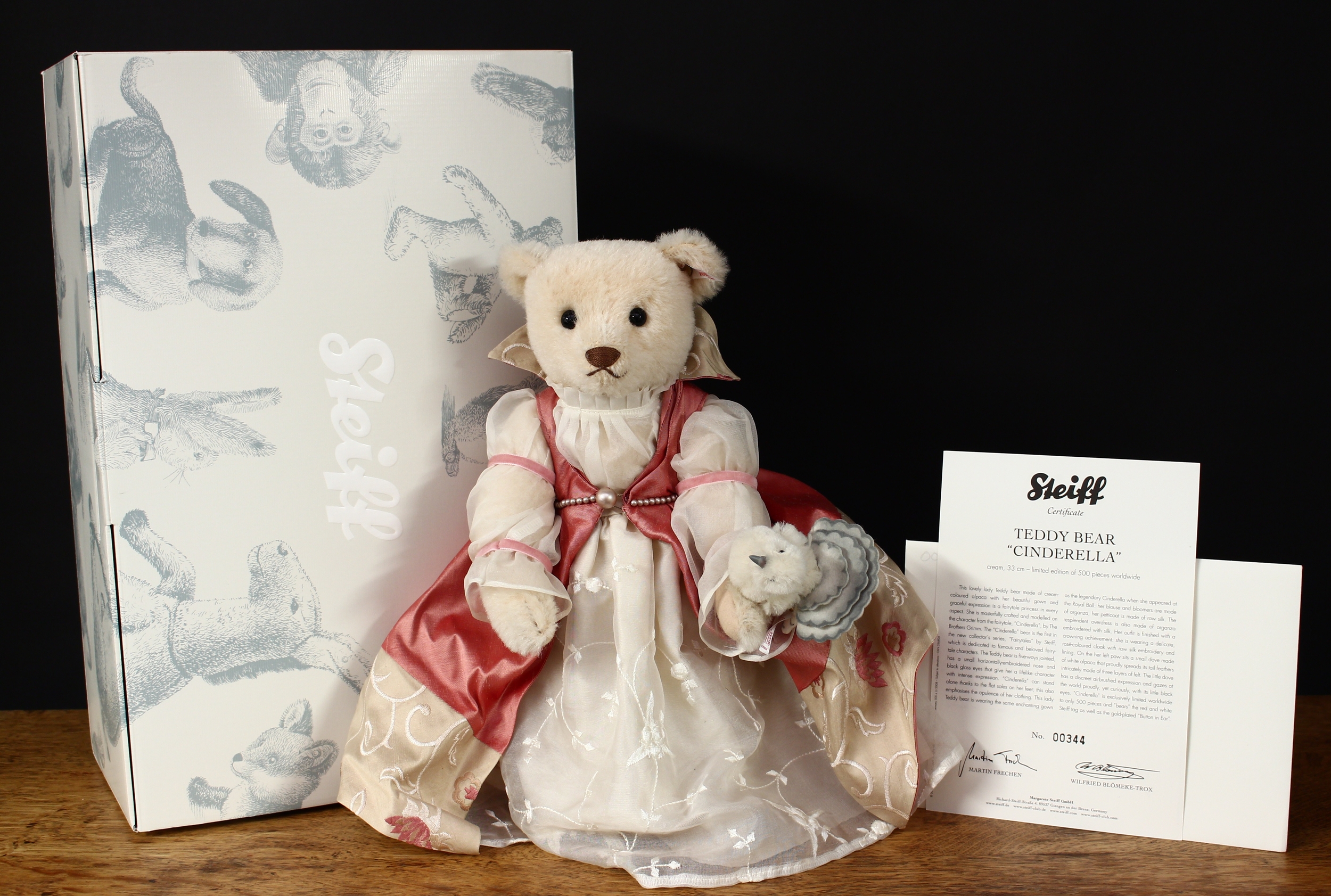 Steiff (Germany) EAN 036804 Cinderella teddy bear, trademark Steiff button to ear with red and white tag, 33cm high, boxed with certificate, Limited Edition No.00344 of 500