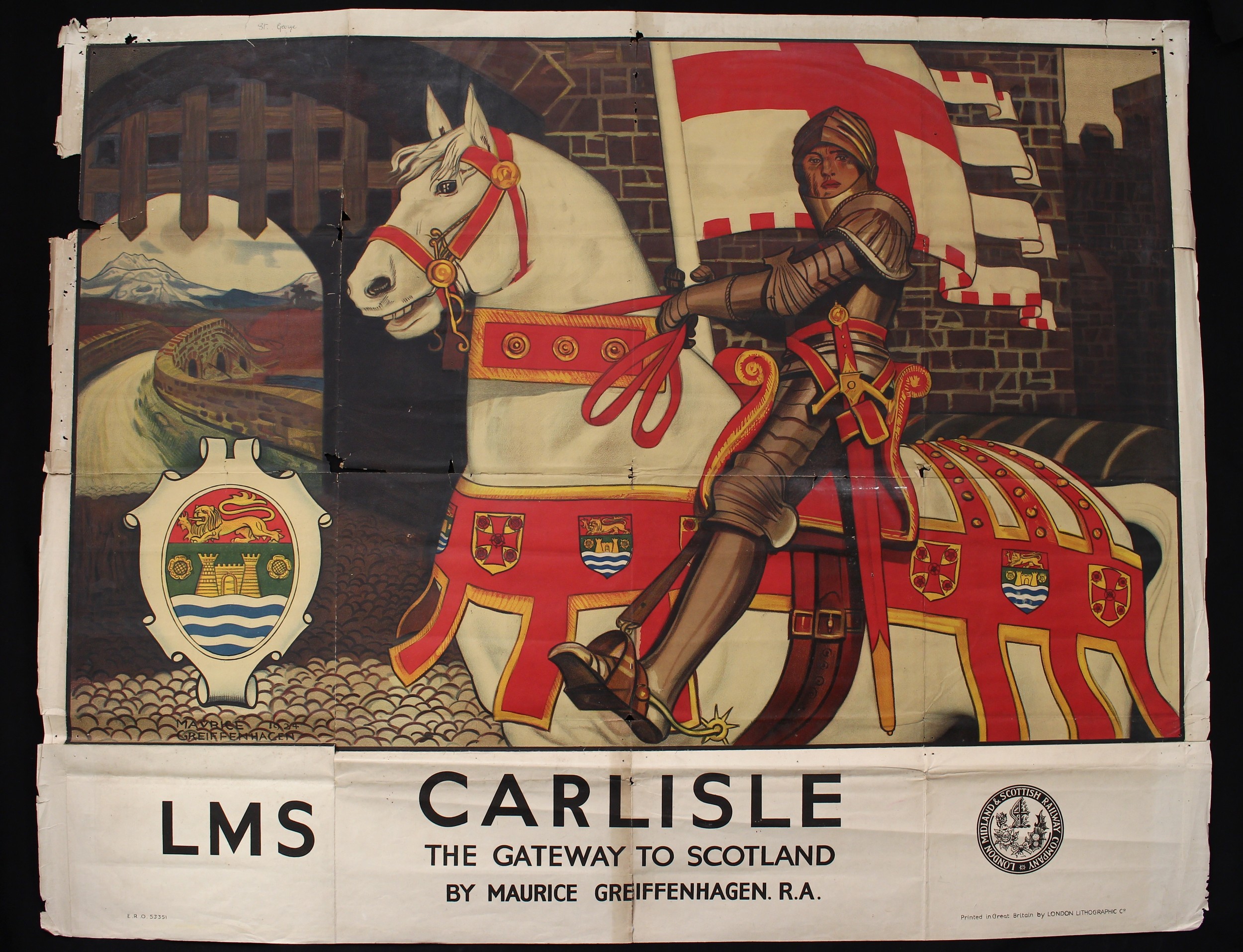 Railwayana – a London Midland and Scottish Railway Company (L.M.S.) Maurice Greiffenhagen R.A. railway poster, titled “LMS, CARLISLE, THE GATEWAY TO SCOTLAND”, illustrated with Saint George, E.R.O.53351, printed in Great Britain by London Lithographic Co, 101cm x 127cm, unframed