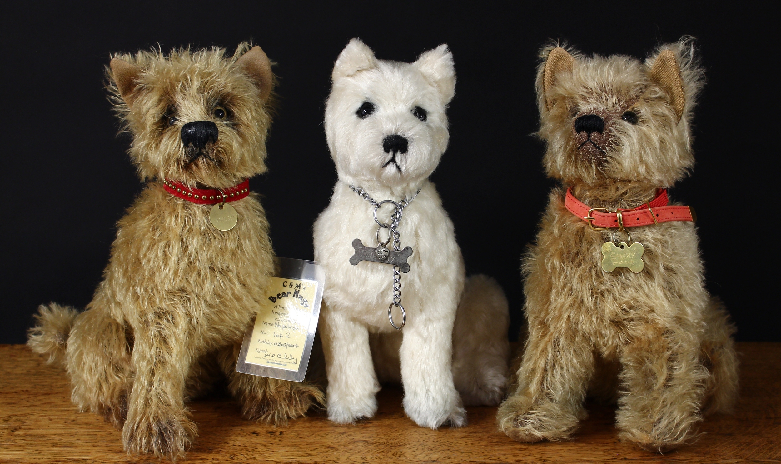 A collection of artist made Terrier Dogs, comprising a C&M's Bear Hugs (Nottinghamshire) Napoleon, 28cm high with tags, Limited Edition No.1 of 2; Ellie Bears Sparky by Eleanor Kaye, 27cm high with dog tag and label and a Rob Bruin Wendy Dog, 27cm high with dog tag and label (3)