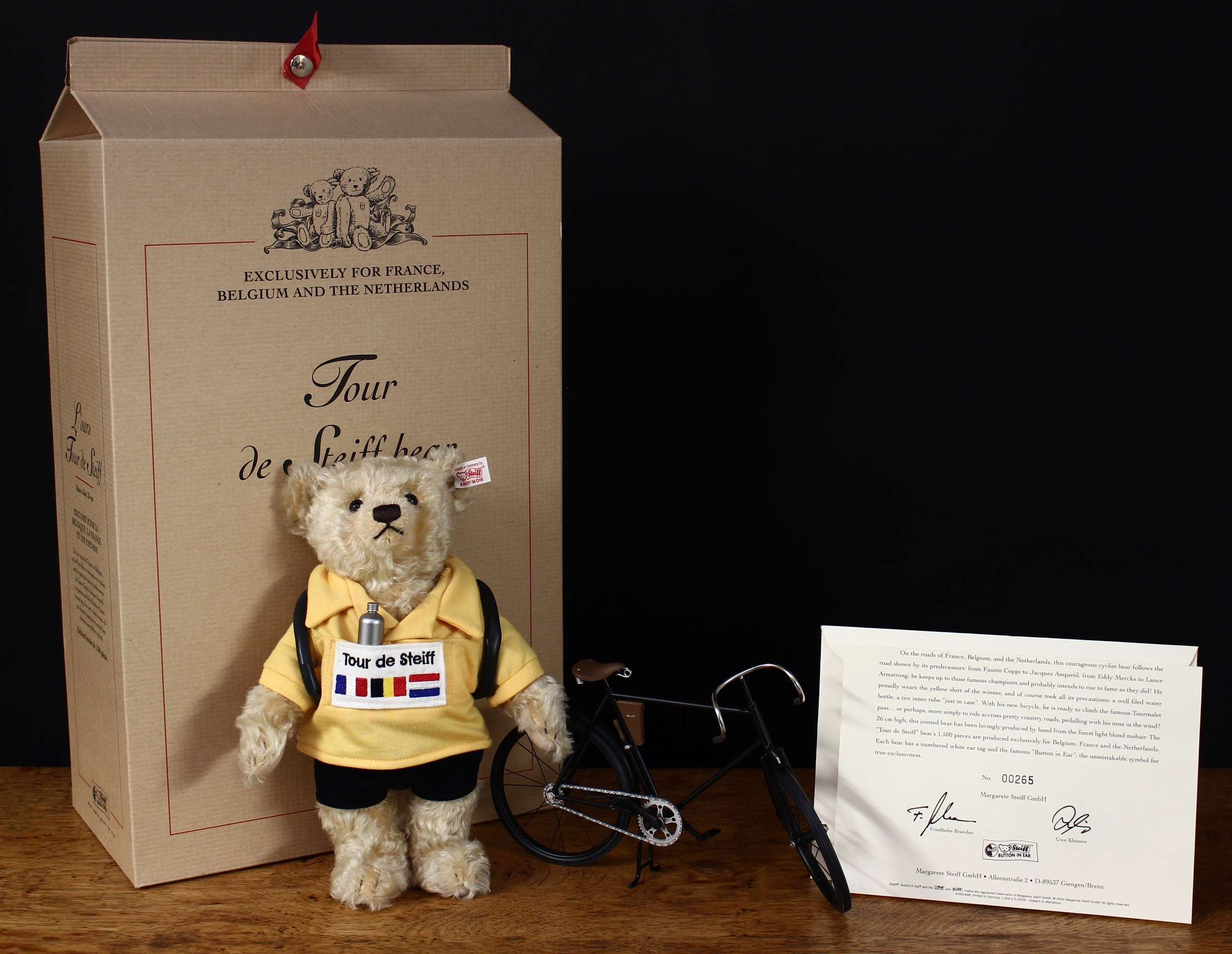 Steiff (Germany) EAN 661570 Tour de Steiff teddy bear, trademark Steiff button to ear with red and white tag, 26cm high, boxed with certificate, Limited Edition No.00265 of 1,500