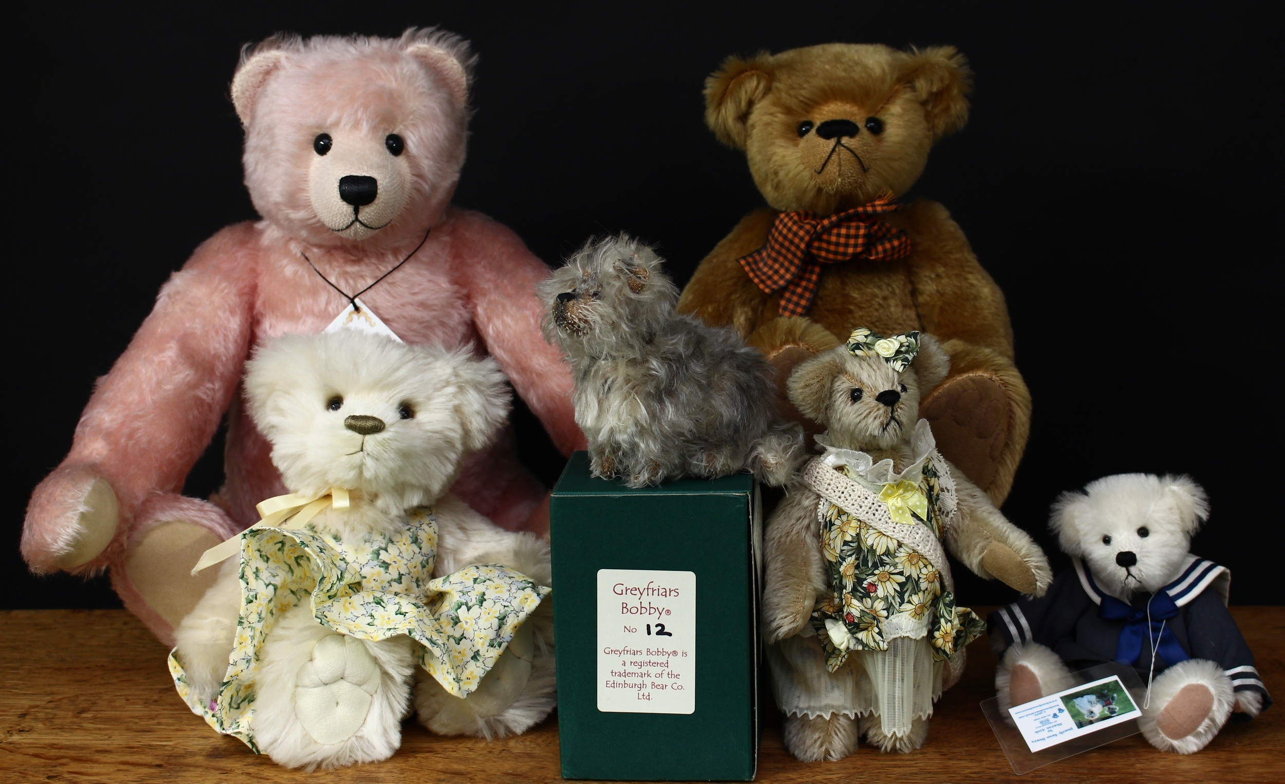 Artist made teddy bears, comprising Charnwood Bears Pinxton teddy bear, by Frank Webster, signed in black ink to foot pad, 52cm high with tag, Limited Edition No.1 of 1; a Steiner Greyfriars Bobby Dog, 12cm high with tag, boxed, No.12; other teddy bears including Bearly Sane Bears by Sharon Aish, Shirley Crann, Brotherwood Bears by Sue Brotherwood and White Rose Bears (6)
