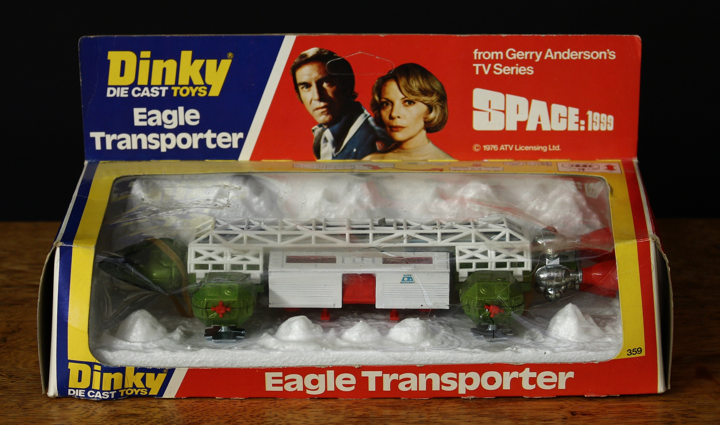 Dinky Toys 359 Eagle Transporter, from the Gerry Anderson T.V. series Space:1999, white and green body with red thrusters, window boxed with original inner polystyrene moon display piece
