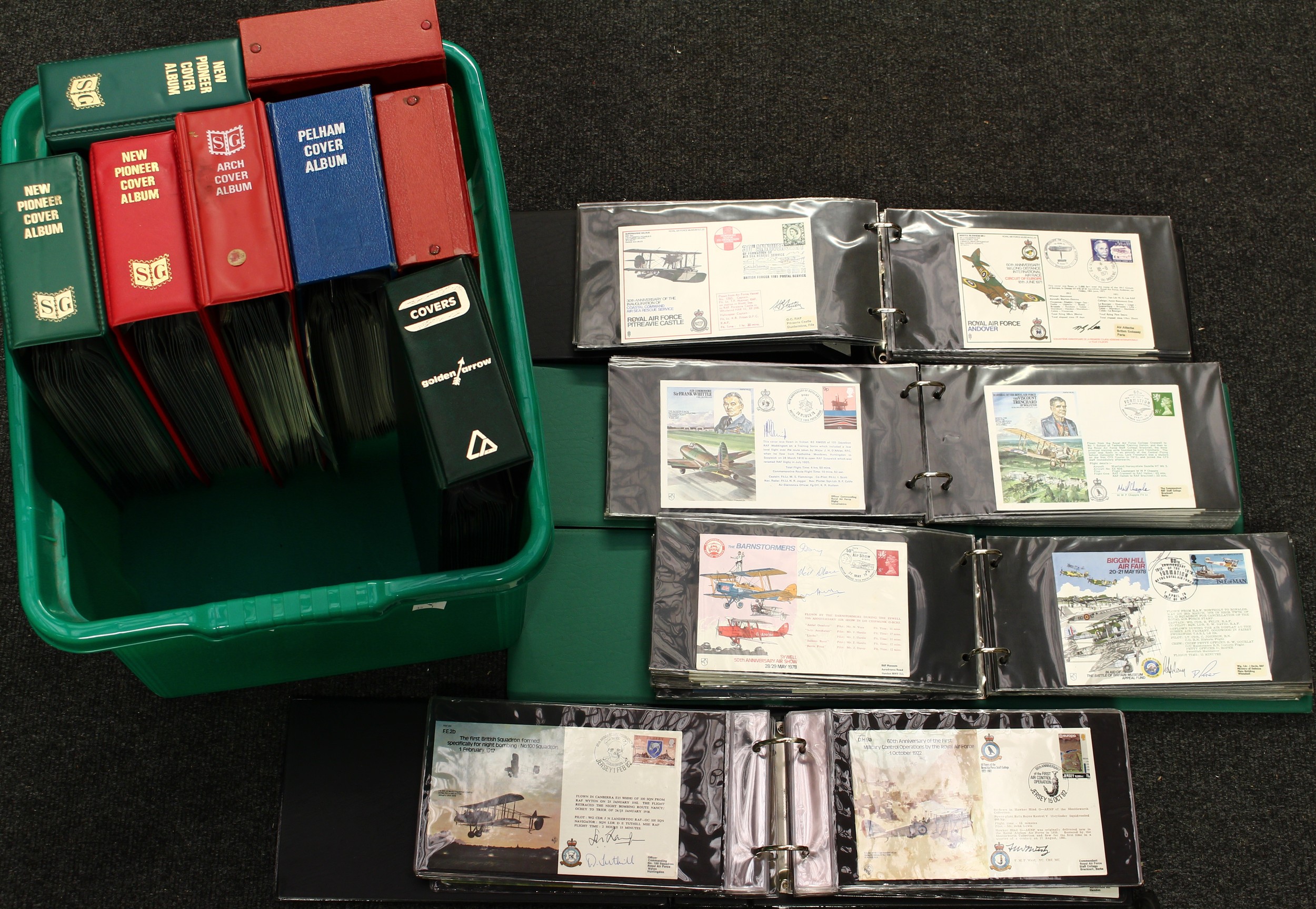 Stamps - twelve FDC albums, ten with RAF signed covers, Squadron Leaders, etc, Biggin Hill, hundreds of covers; two FDC 1970's etc; needs further investigation