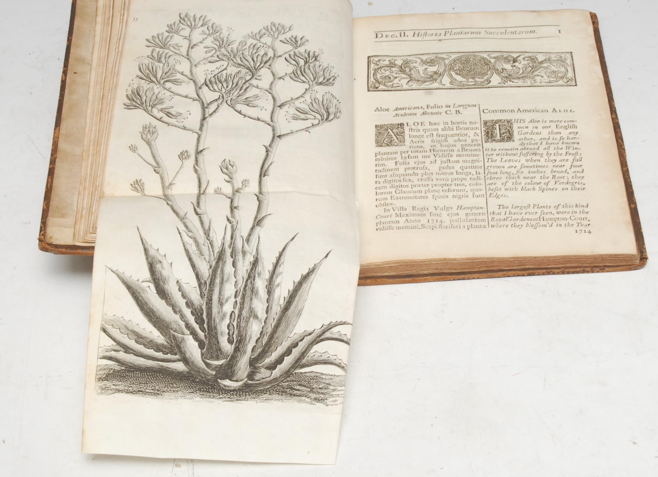 Natural History, Botany & the Enlightenment - Bradley (Richard, Late Fellow of the Royal Society), The History of Succulent Plants: Containing, The Aloes, Ficoids (or Fig-Marygolds (sic)) Torch-Thistles, Melon-Thistles, and such others as are capable of an Hortus Siccus/Engraved, from the Originals, on Copper-Plates/With their Descriptions, and Manner of Culture, five-parts in one volume, second edition, London: Printed for J. Hodges, at the Looking-Glass, on London-Bridge, 1739, each of the five parts with separate title-pages printed in English on both sides, the text printed in double-columns in parallel English and Latin, decorative woodcut initials, head- & tailpieces, complete: pp: [2] (blank), [vi], 11, [1] (advert); [2], 11, [1] (advert); [2],12, [2] (binder's direction & blank); [2],18,[2] (binder's direction & blank); [2], 7-18, [3] (binder's direction and blanks); illustrated with 50 botanical engravings by Henry Hulsbergh (d. 1729), John Stuart (1658-1730) and others. (Numbered 1-50, no. 26 and 27 on one page, one plate folding), contemporary speckled calf, the covers gilt-ruled with a double-fillet, graduating six-compartment spine of raised bands tooled in gilt with foliate bosses, red-speckled edges, 4to (23cm x 17.5cm), [Henrey 492; ESTC N17833], [1]