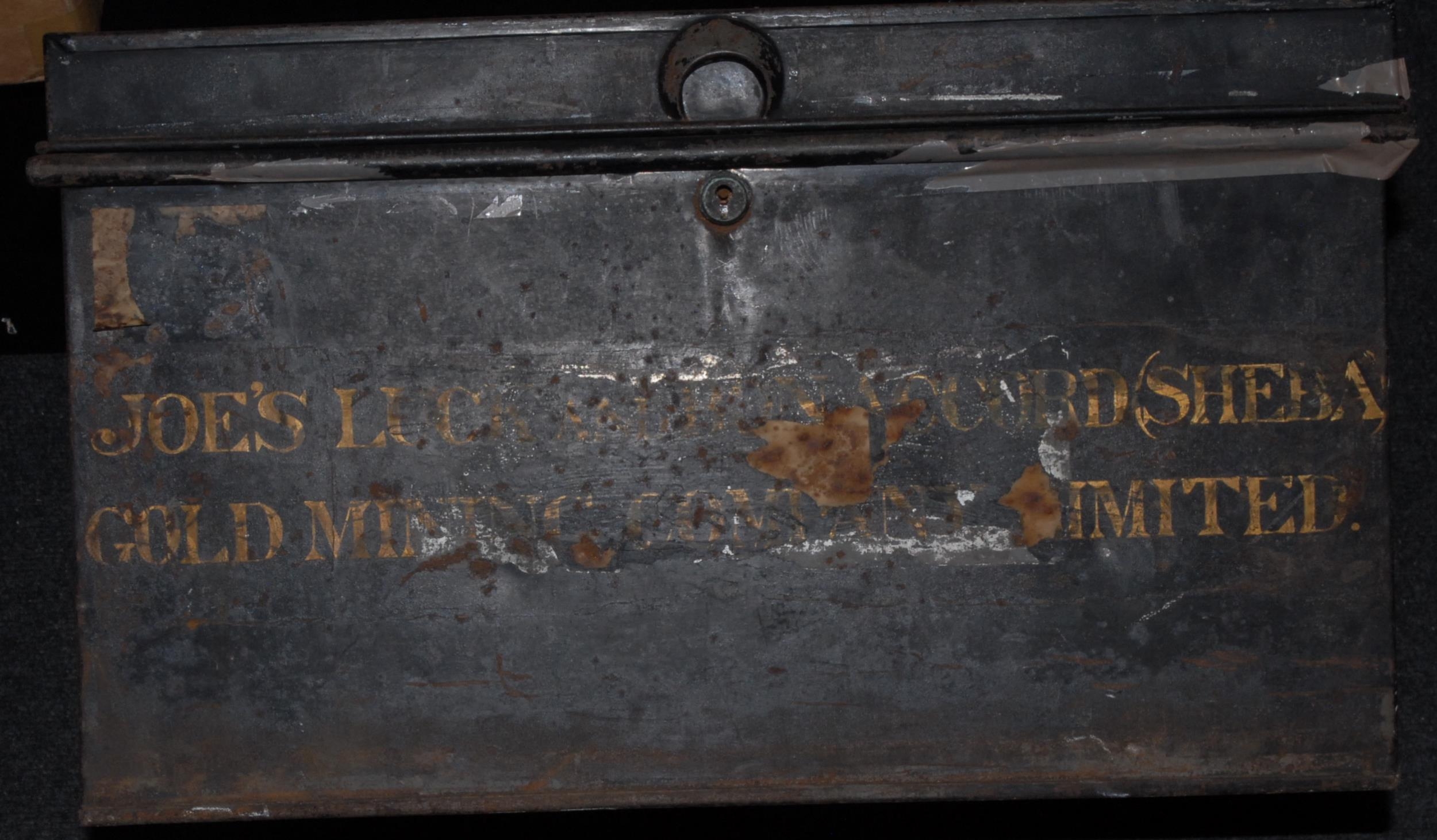 Scripophily: a japanned tin box 52 x 36 x 31cm marked on the side: Joe’s Luck and Bon Accord (Sheba)/Gold Mining Company Ltd. to contain: 21 share certificates chiefly in gold mining concerns, all made out to David Alexander Traill Christie (1844-1906):