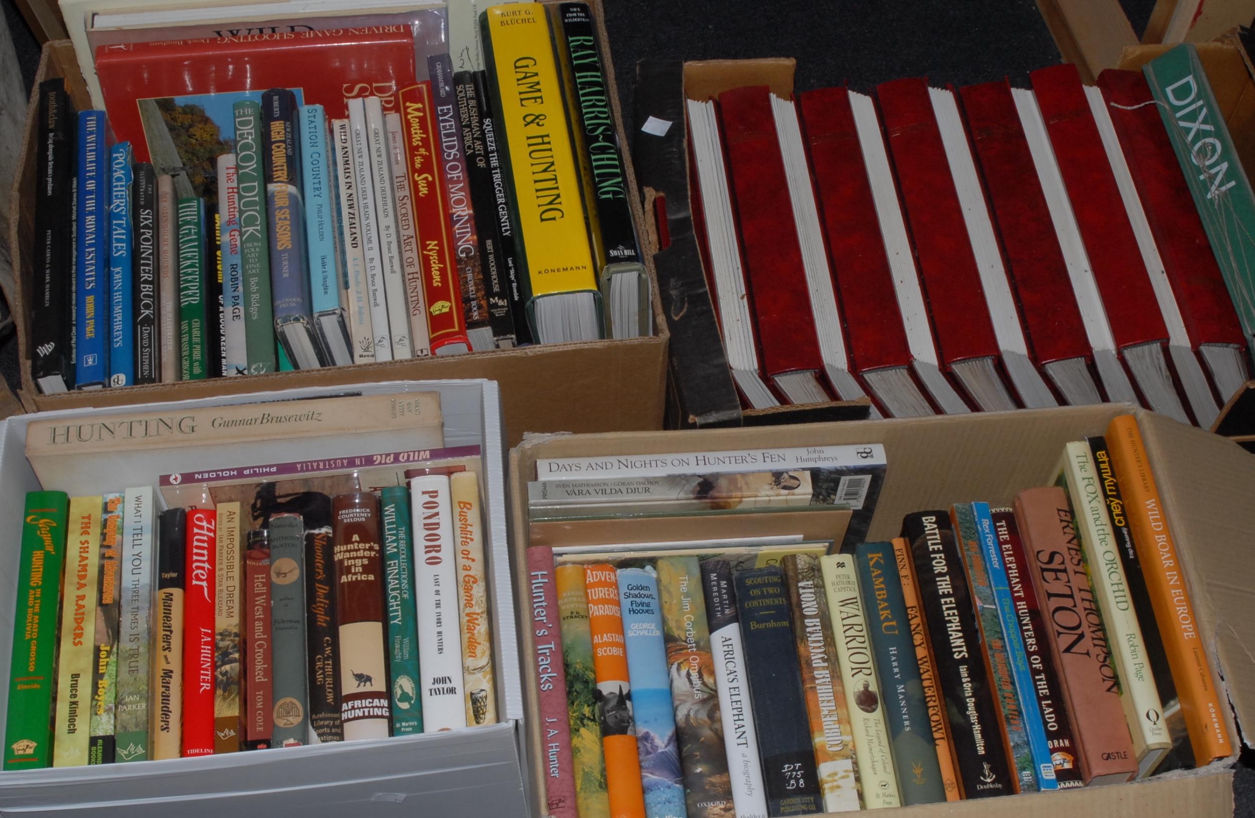 Game, Hunting and Stalking - second-hand stock, including deerstalking and the Highlands, British game keeping, other European and Russian subjects, African, Asian, and Oceanic game and further shooting and hunting, various, mostly 20th century and hardback; Stalking Magazine, 1996-2002, red binders en suite, (13); further shooting and gun periodicals and digests, various; some Americana, ornithology; etc., [10 boxes]