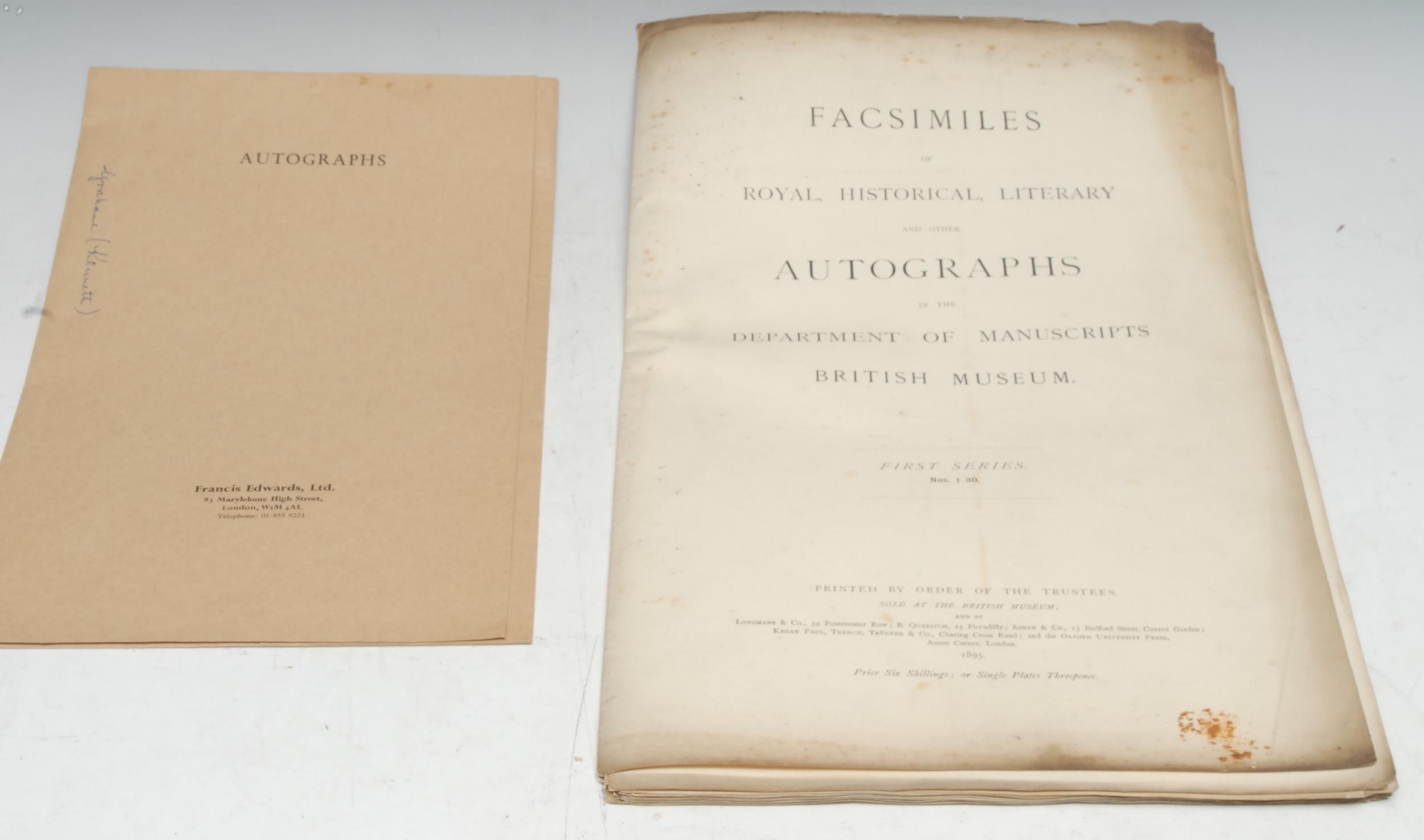Kenneth Grahame (1859-1932), author of The Wind and the Willows - an ink manuscript autographed letter, 2pp written on writing-paper from his address: 16, Durham Villas, Campden Hill, [London], W., and dated 2nd June 1901, thanking its recipient for his initial letter and his enclosed ?manuscript, but unfortunately having to disabuse him of his being able to introduce it or him to a magazine editor because "I rarely see any magazines now-a-days/they change both editors and proprietors with significant rapidity", signed: "Faithfully, yours/Kenneth Grahame", folded for postage, later hole-punctured for filing, the verso  inside margin with traces of having been pasted, 18cm x 11.5cm, sold by Francis Edwards, Ltd., their manila Autographs envelope en suite, (1); Paleography, [Warner (Sir George Frederic, FBA, FSA, editor), Facsimiles of Royal, Historical, Literary and other Autographs in the Department of Manuscripts, British Museum, First Series: Nos. 1-30, reproduced in lithographic sheets, London: Printed by the Order of the Trustees [...], 1895, folio (46cm x 29cm), (1), [2]