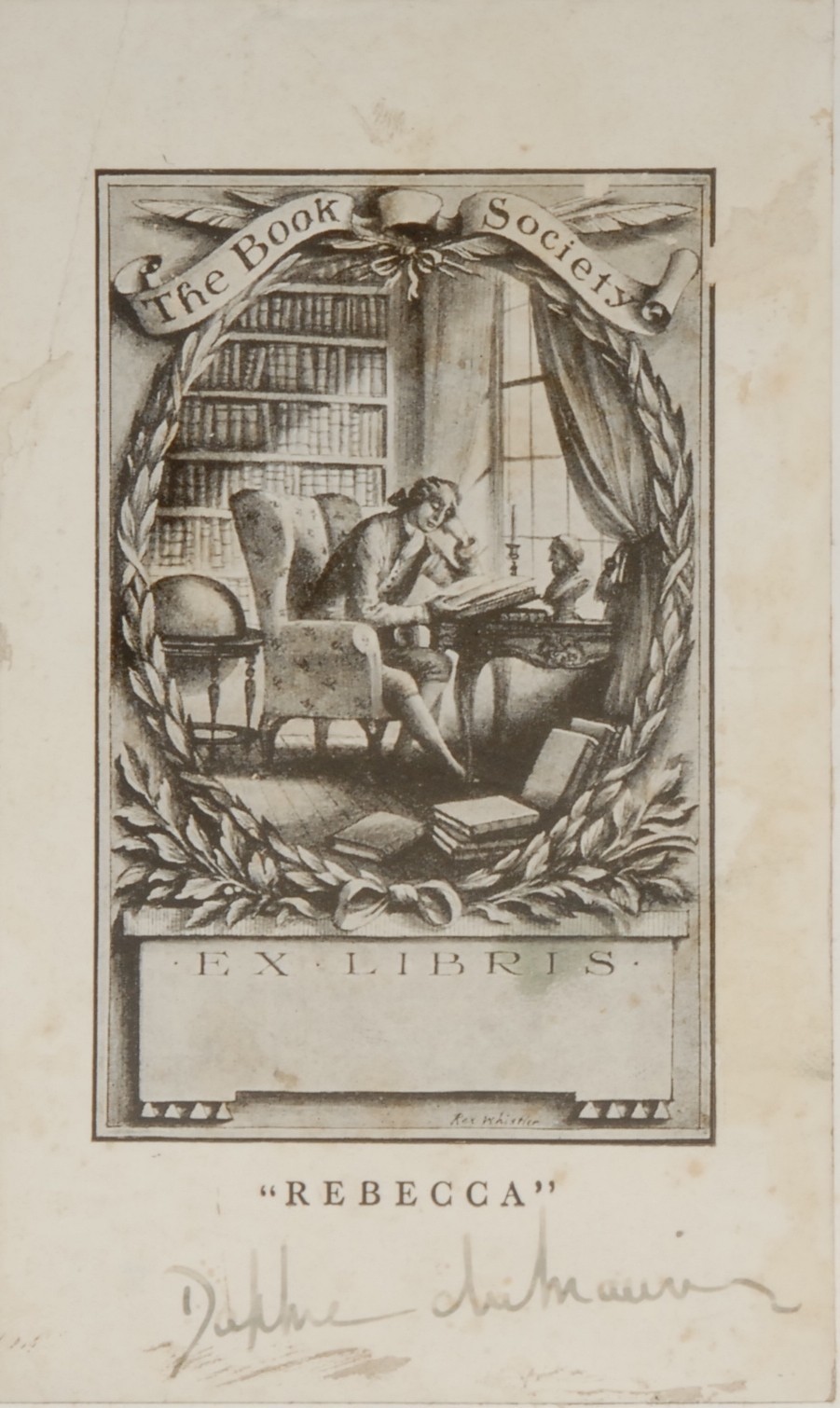 Dame Daphne du Maurier, Lady Browning, DBE (1907 – 1989) - ink manuscript autograph, on a bookplate designed by Rex Whistler (1904-1944), for the first edition of "Rebecca", The Book Society, Ex Libris, lithograph, 14cm x 8.5cm, mounted, [1]