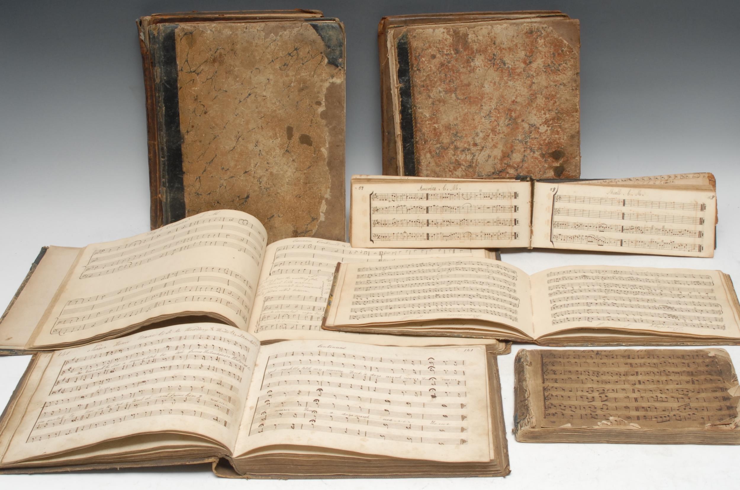 Music - ?Unrecorded, Cox (John), The Lincolnshire Harmony [...], Engrav'd & Printed by the Author at Langtoft, near Bourn (sic), Lincolnshire, [n.d., c. 1770], only 3pp of copper-printing, the rest ?supplied in contemporary ink MS with contents and musical notation: [ii], 126ff, contemporary calf over boards, title-page recto with contemporaneous ink MS ownership inscription: William Cragg, His Book, January, 27, 1788/Thurlby, oblong 4to, (1); Provincial Leicestershire Imprint, The Second Book of the Voice of Melody, Being a Collection of the Most Curious Psalm-Tunes Extant, in Four Parts; with Variety of Hymns and Anthems [...], second edition, Waltham, Leicestershire: Collected, Printed, and Sold by William East, Grantham: Mr Whiteman Stationer, 1750, copperplate-printed, engraved title-page, incomplete but complimented and bound with further scores in contemporaneous ink manuscript, contemporary panelled calf (faults and losses), slightly later rebacked with a tacked-on strip, the upper-cover blocked in gilt: In Butler (John Butler repeated in MS on the title-page), oblong 4to, (1); Handel (George Frideric), Redemption: A Sacred Oratorio [...], London: Printed for Rt. Birchall at his Musical Circulating Library, [n.d., 1814], defective title-page, prelims and the first few pages, some marginal repairs in places throughout the score, contemporary calf (faults), folio, (1); a Regency and later sammelband of sheet music, gilt-tooled leather over marbled boards, folio, (1); etc., [8]