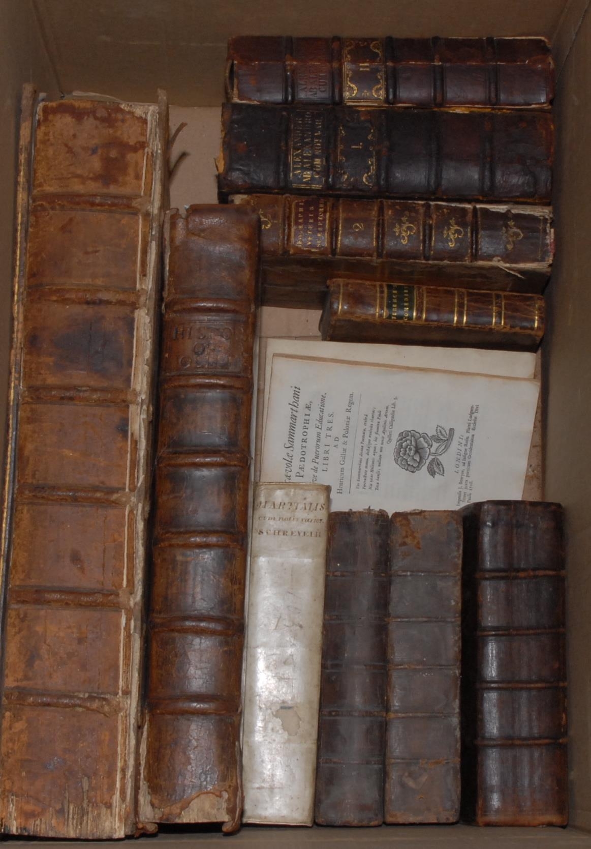 Classics - [Cicero], M.T. Ciceronis Orationvm [...], volumes II & III only (of 3, but complete in themselves), Basileæ, 3pp of ink manuscript annotations across the prelims of both volumes, loose gatherings, 17th century panelled calf, 8vo, (2); [Seneca], L'Estrange (Roger, translator), Seneca's Morals [...], London: Printed by T.N. for Henry Brome, 1679, some damp-staining, graduating marginal worming from N2 onwards, engraved portrait frontispiece, contemporary calf, 8vo, (1); Josephus & Lodge (Thomas, translator), The Famous and Memorable Works [...], London: Printed by J.L. for Richard Tomlins, 1655, defective and repaired title-page, contemporary panelled calf, folio (33.5cm x 23.5cm), (1); a later edition, L’Estrange’s translation, London: 1702, disbound calf boards, folio (40cm x 25cm), (1); [Martial], M. Valerii Martiali's Epirammata [...], [Leiden]: Hackiana, 1670, engraved title-page, later extra-illustrated with an 18th century engraved portrait frontispiece, contemporaneous vellum over boards, 8vo, (1); Terence’s Comedies; etc; later Latin jurisprudence, Alesseandro Alessandri, 8vo, (2), [12]