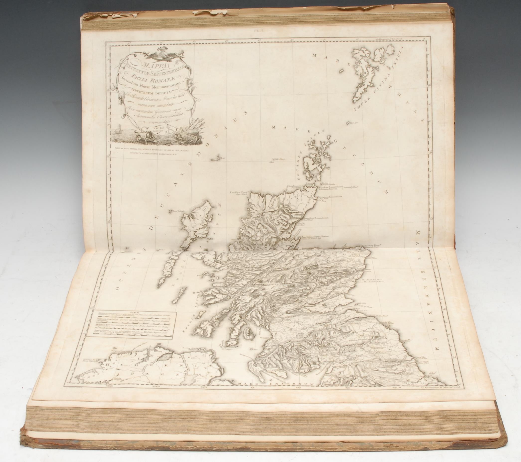 Roman Britain, Archaeology - Roy (The Late William, F.R.S., F.S.A.), The Military Antiquities of the Romans in North Britain, Published by the Order, and at the Expence (sic) of, The Society of Antiquaries of London, first and only edition, London: Printed by W. Bulmer and Co., 1793, textually complete, pp: [12], [i]-xvi, [1]-206, [2]; illustrated with 40 double and full-page engraved maps and antiquarian plates (lacking plate 35: plan of Roman wall at Grime's Dyke (sic)), first quire loosening, contemporary marbled board and endpapers, rebacked calf with numbered library label, front-free endpaper and secondary title-page with neat marginal library stamps, elephant folio (55cm x 38cm), [1]