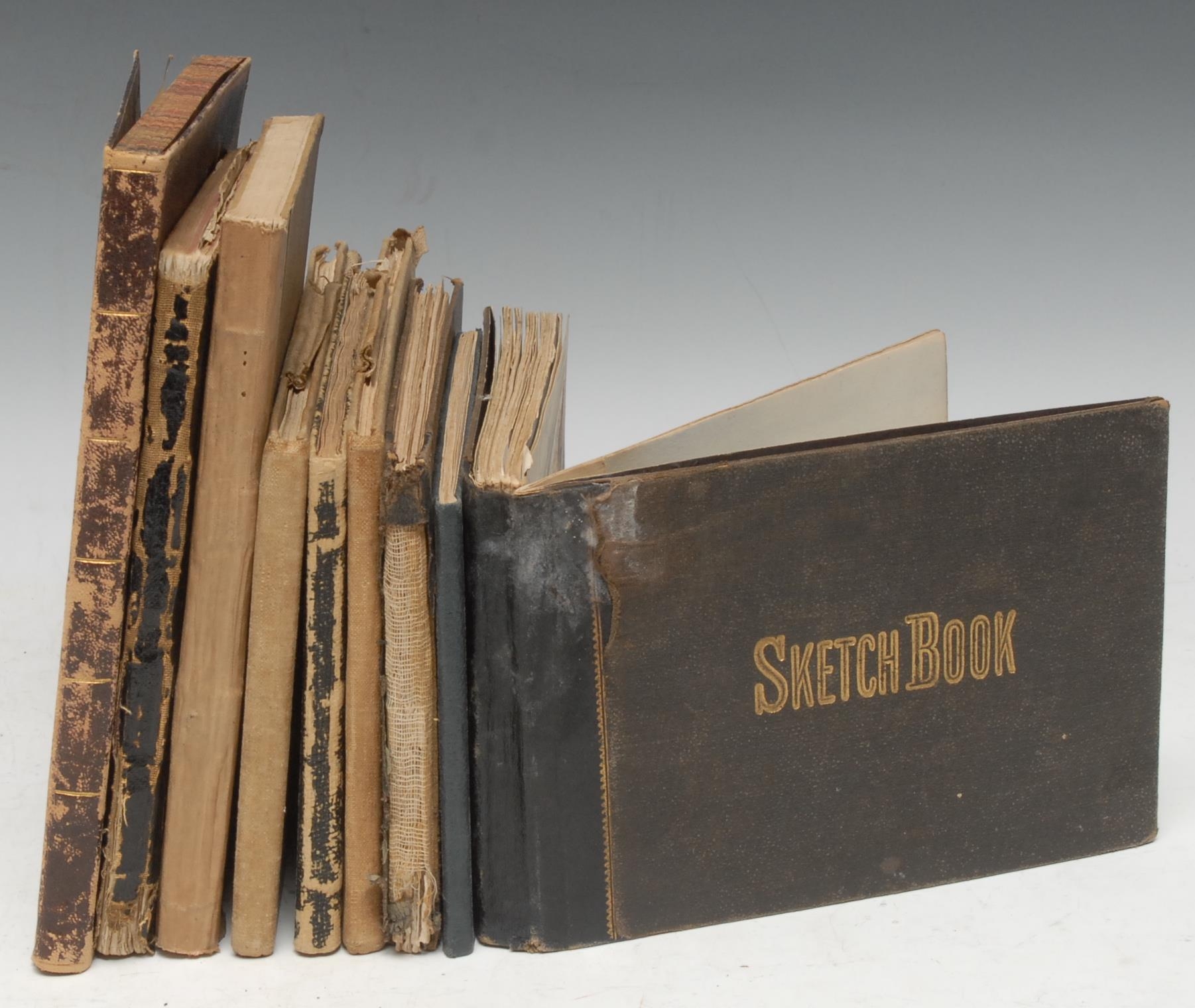 Miscellaneous - Europe, a late Victorian lady's illustrated travelogue, compiled and illustrated by Alice Marshall, the series of named-views prefixed by her passport, issued under the auspices of Lord Salisbury (then Foreign Secretary) and dated 1880, for "travelling on the Continent", comprising 49 watercolours and 18 pencil drawings of named-view topography, animal, and figural studies, of which 19 pages enclose musical notation and/or song, loosely-inserted ephemera, contemporary cloth, 8vo, (1); six late Victorian and early Edwardian sketchbooks, probably by the same hand, illustrated (some partially so) in watercolour and/or pencil with landscapes, figural and animal studies, including the Royal funeral of Queen Victoria and its courtege, dated 19010, various bindings, mixed size 8vo, (6); a mid-19th century purple roan manuscript, recto enclosing the commonplace book of Janet Mary Marshall/Clifton/Nov:er 2nd/1852, the verso with a Journal of a Tour, dated 1880, each compiled in a different hand, only a quarter of the volume is inscribed, contemporary binding, floppy 4to, (1); an early 20th century commonplace book, 4to, (1), [9]