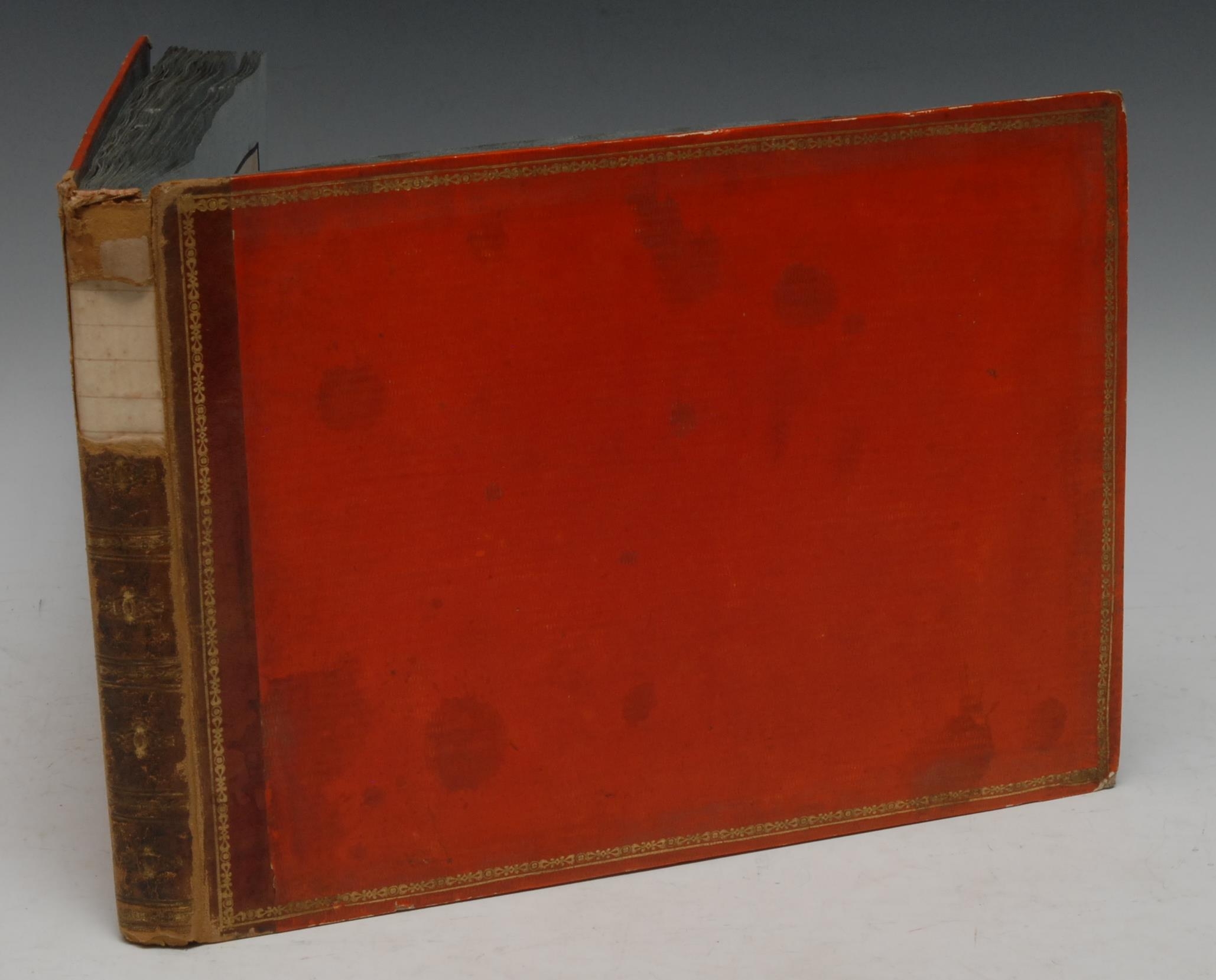 Italian Grand Tour, Rome - Acquaroni (Antonio, illustrator), Nuovi punti delle più interessanti vedute di Roma disegnate ed incise a contorno da Antonio Aquaroni e da altri buoni artisti, Roma: Presso Deodato Minelli, 1838, trimmed title-page and tipped-in to pastedown, illustrated with 60 topographical views, each line-etching has been trimmed to the platemark, finely hand-coloured in sepia by a contemporary hand, and tipped-in on blue paper leaves, contemporary Roman binding of gilt morocco over textured papered boards (chipped), oblong 4to, [1]