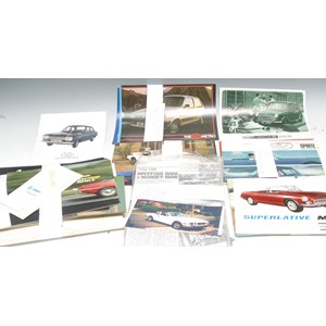 Automobilia - Classic and Retro Motor Cars - an interesting collection of sales brochures, 1960s and later; including 1960s MGB Superlative, 1800cc, chrome bumper; MGB and MG B Midget, price lists, colour charts, road test, etc; Jaguar brochures, Austin Morris; Austin Healey Sprite; Lotus; Ferrari; Ford Escort; other general sale brochures, Mini Cooper S, MG Metro; Triumph brochures; Midget 1500; V-Spitfire 1500; Auto Tests; Stag; The GT6; The Dolomite Sprint; The TR7, drop head and fixed head; colour charts, price lists; qty with some duplicate varieties of model and year