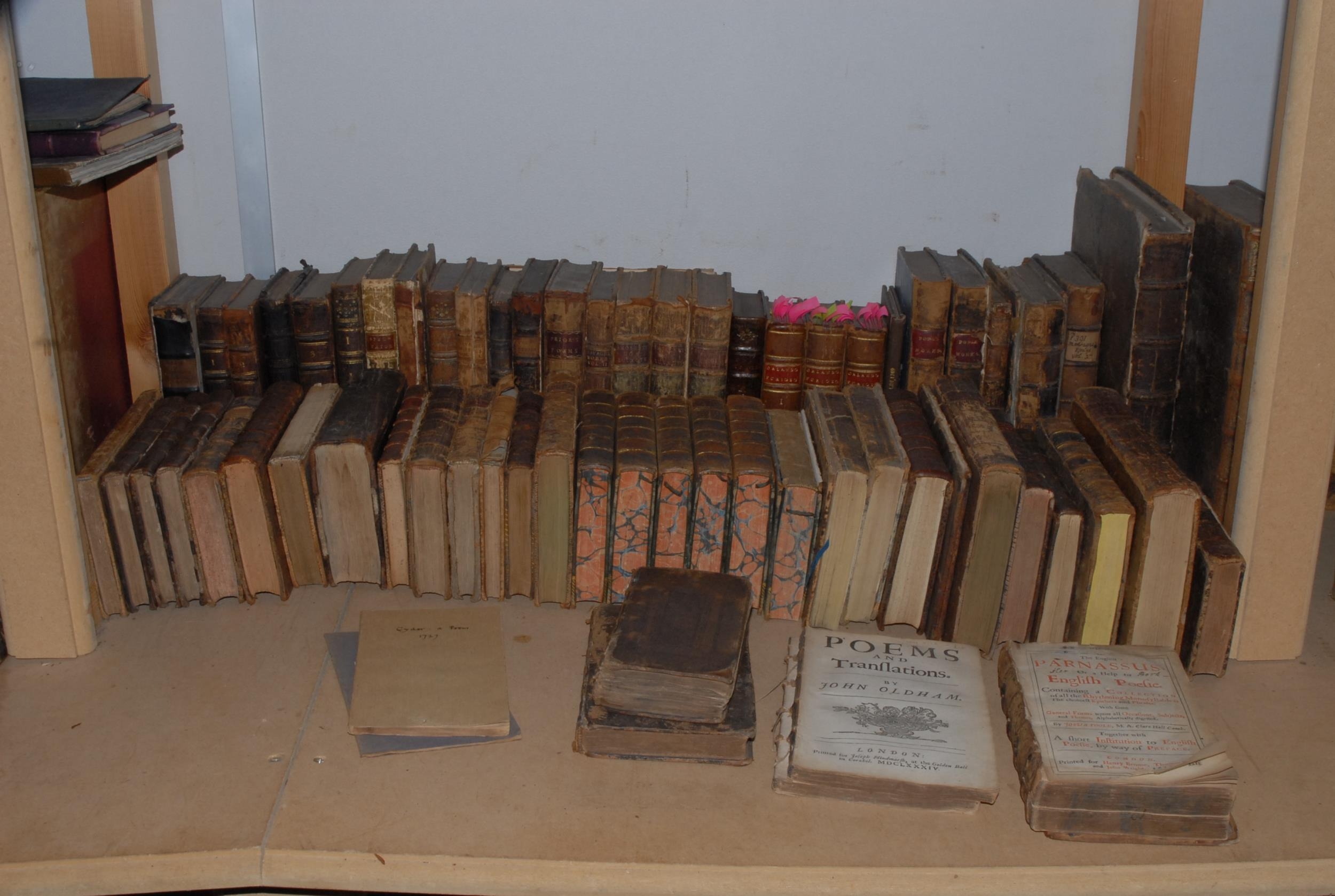 Milton (John), Paradise Lost […], ninth edition, London: Printed for Jacob Tonson, 1711, engraved portrait frontispiece and plates, contemporary panelled calf, 16mo, (1); Poole (Joshua), The English Paranassus: Or a Help to English Poesie […], second edition, London: Printed for Henry Brome […], 1677, lacking frontispiece, disbound, 8vo, (1); The Compleat (sic) Works of Mr. Thomas Brown, In Prose and Verse […], third edition, London: S. Briscoe, 1710, disbound contemporary calf, 8vo, (1); Wesley (Samuel, A.M.), Poems on Several Occasions, London: Printed for the Author by E. Say, 1736, contemporary calf, 4to, (1); Reed (Joseph), Tom Jones, A Comic Opera […], Dublin: W. and W. Smith […], 1769, later Harvard University Library cloth, their bookplate, 8vo, (1); Oldham (John): Poems and Translations, [&] Remains […] in Verse and Prose, London: Joseph Hindmarsh, 1684 & 1687, disbound, 8vo, (2); [Cicero] & L’Estrange (Sir [Roger]), Tully’s Offices […], sixth edition, London: D. Browne […], 1720, calf, 8vo, (1); [Pope (Alexander)], Literary Correspondence, two volumes bound as one, London: Printed for E. Curll, 1735, engraved portrait frontispiece, calf over boards, 8vo, (2); Blackmore (Sir Richard, Knt), Creation […], fourth edition, London: 1718, contemporary sheep (disbound), 12mo, (1); John Philips, later wrappers, (2); [Anstey (Christopher)], The New Bath-Guide […], eleventh edition, London: J. Dodsley, 1779, engraved frontispiece, calf, 8vo, (1); Montaigne, harlequin 18th century volumes, (2); further odd volumes, including Don Quixote and Orlando furioso; further 18th century works in prose and verse, various; etc., [approx. 60]