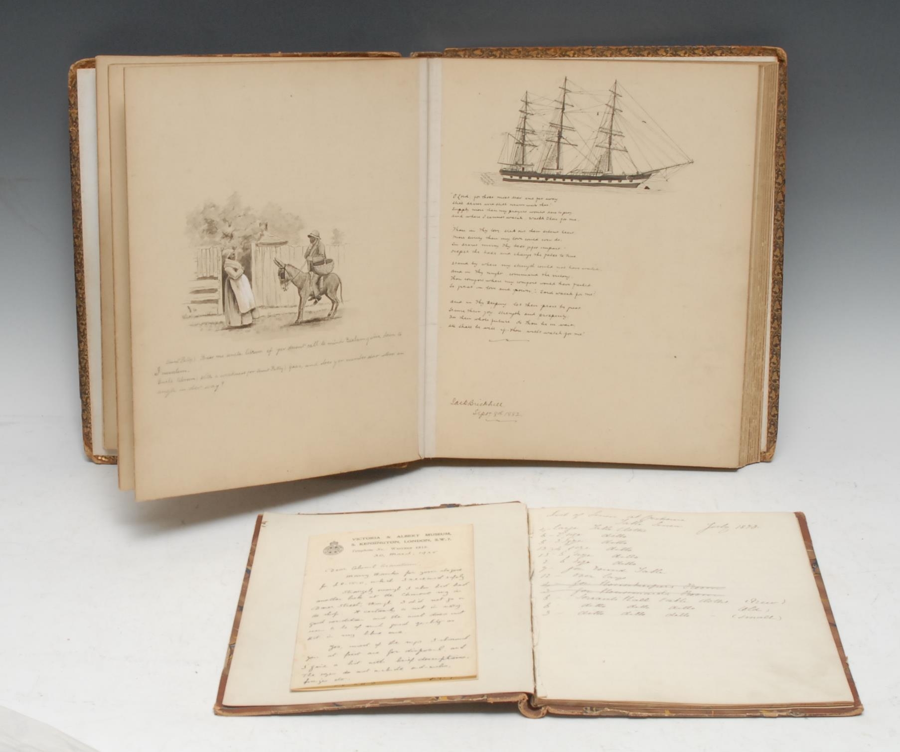 Miscellaneous - a late Victorian illustrated drawing-room album, 22pp of card leaves illustrated in watercolour, pen-and-ink, and charcoal with landscapes, still lives, figural and other tableaux, anthropomorphic and humorous pigs, occasionally inscribed in ink MS, contemporary diced calf (tired, chipped), all-edges gilt, moiré endpapers, 4to, (1); a Victorian MS inventory, List of Linen at Coachouse, July 187*, 4pp only, inscribed in an earlier 19th century notebook of quarter-calf over marbled boards, 4to, (1); Cecil Edward Tattersall (1877-1957), of the Victoria & Albert Museum, 4pp ALS, dated 30 March, 1925, addressed to Colonel ?Gramstoin on their antique collecting, and including a list of antique textiles, if bought and at what prices, (1), [3]