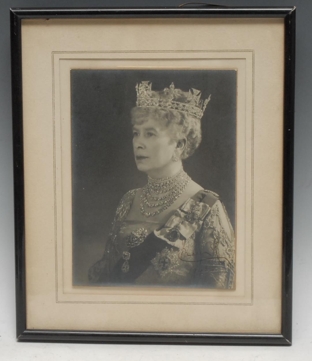 Royalty - Queen Mary (1867-1953), George V's consort,  a signed official b/w portrait photograph, bust-length, slightly turned to her dexter, in full Court dress, autographed and dated as the dowager Queen Mary: Mary R/1943, 21.5cm x 16cm, mounted, easel photograph frame
