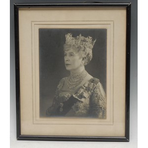 Royalty - Queen Mary (1867-1953), George V's consort,  a signed official b/w portrait photograph, bust-length, slightly turned to her dexter, in full Court dress, autographed and dated as the dowager Queen Mary: Mary R/1943, 21.5cm x 16cm, mounted, easel photograph frame