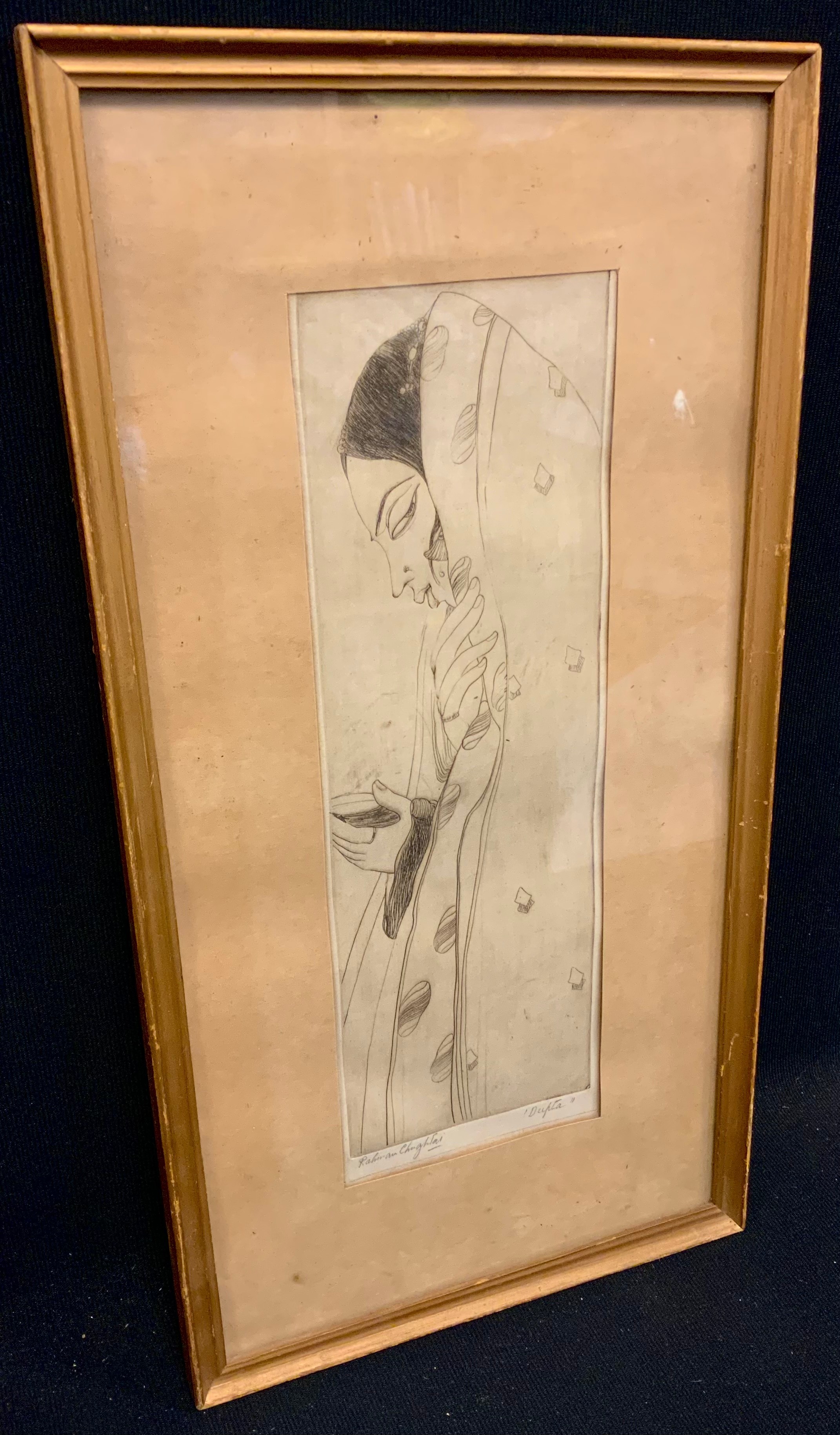 Abdur Rahman Chughtai (Pakistani, 1897-1975), by and after, Dupta, monochrome etching on paper, 29cm x 9.5cm