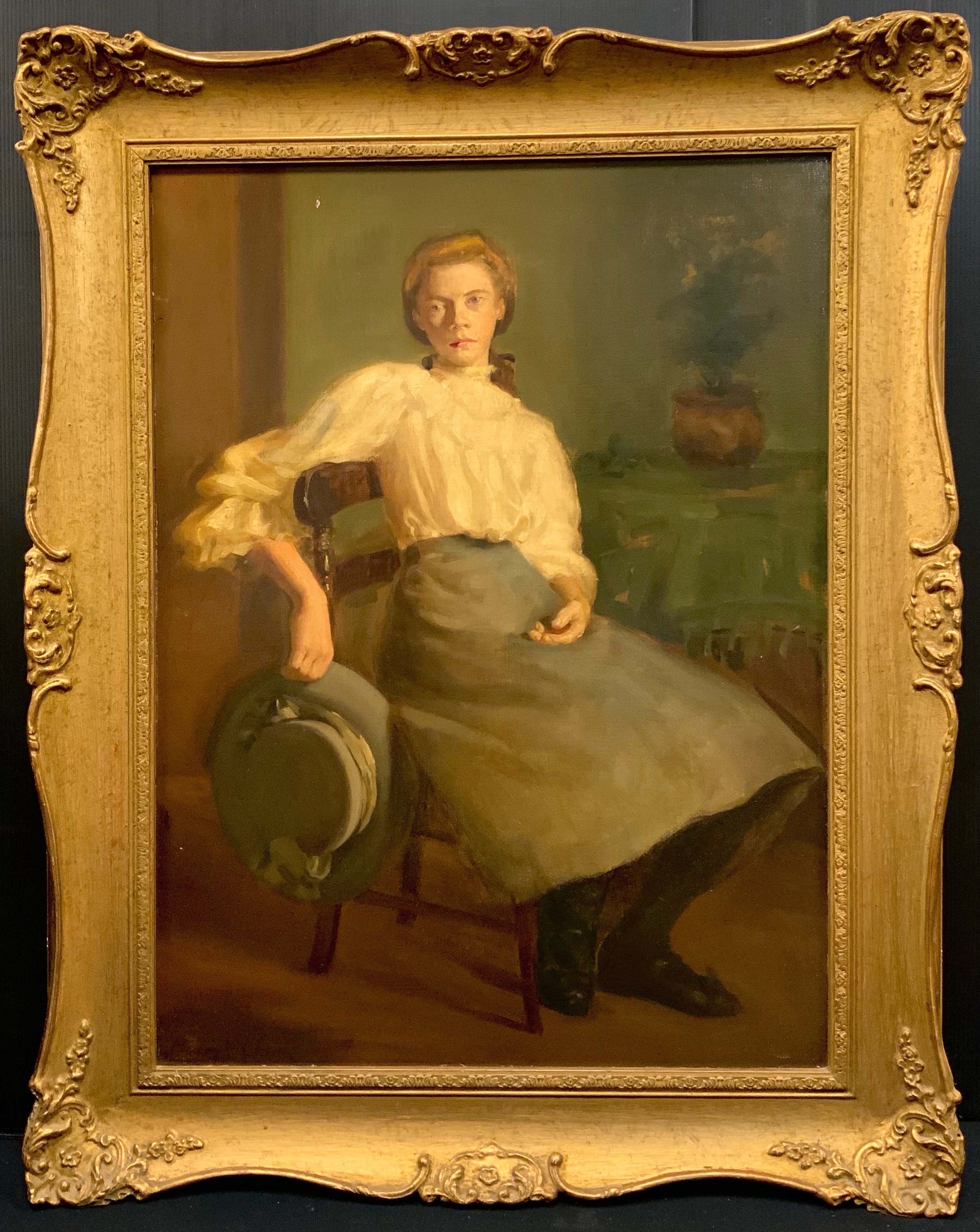 Harry V Clark Portrait of a Lady, seated holding a blue hat signed, oil on canvas on board, 60cm x 44cm