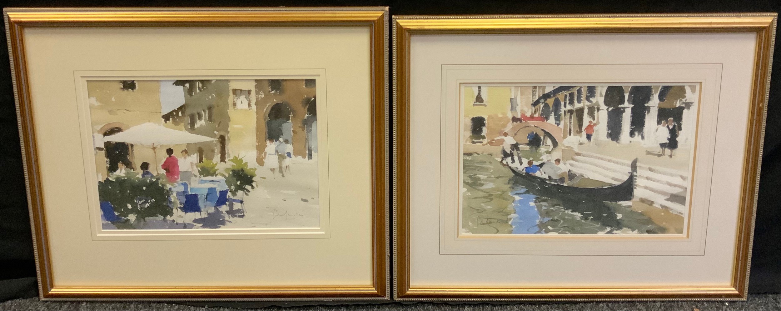 John Yardley (bn. 1933), a pair - The Gondolier, and a Cafe in Venice, signed, watercolours, 23.5cm x 33.5cm, (2).