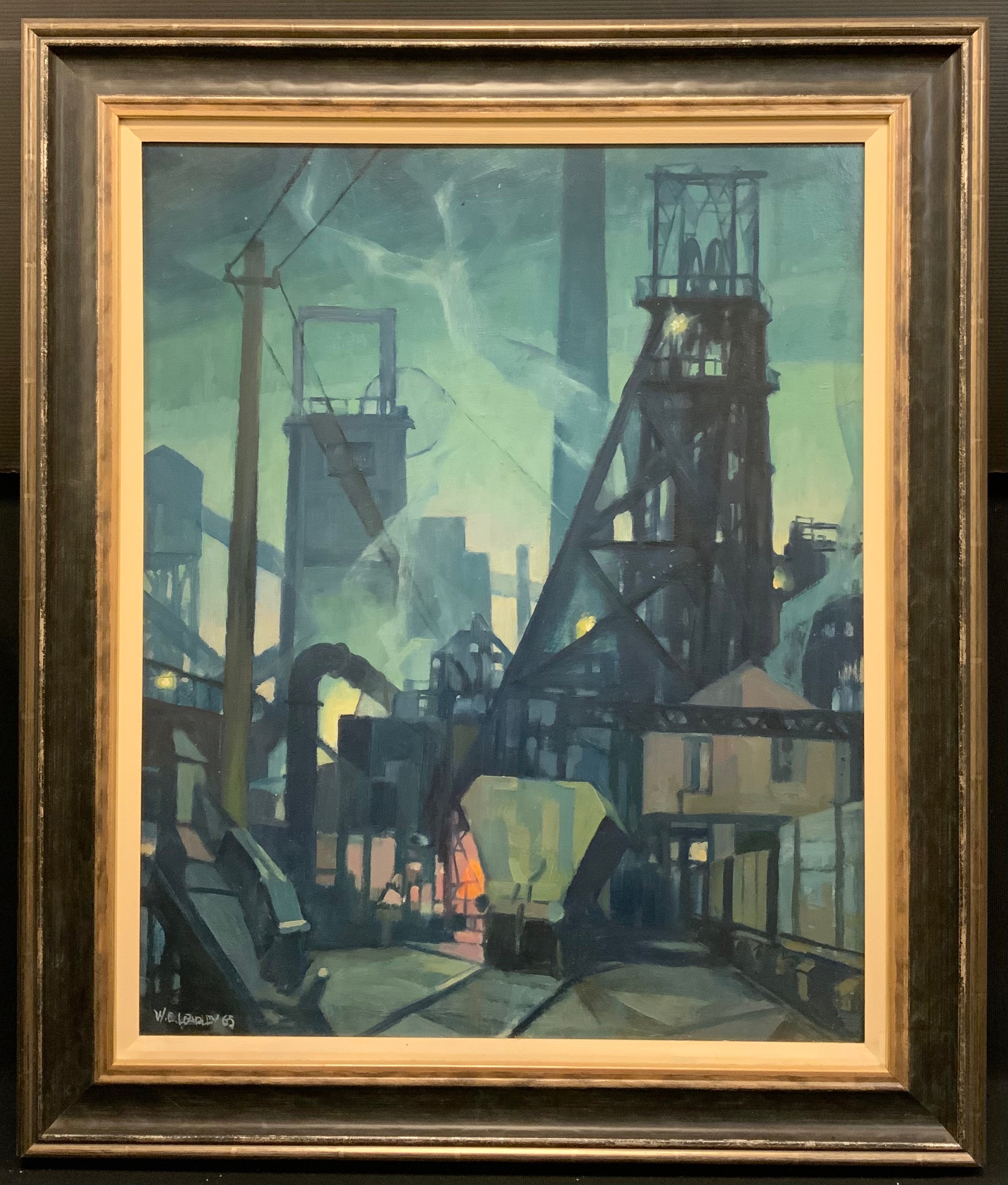 William Edward Leadley (1902 - 1973)  Industrial Composition signed, dated 1965, titled to verso, oil on board, Sheffield Art for Schools label, 60cm x 49cm