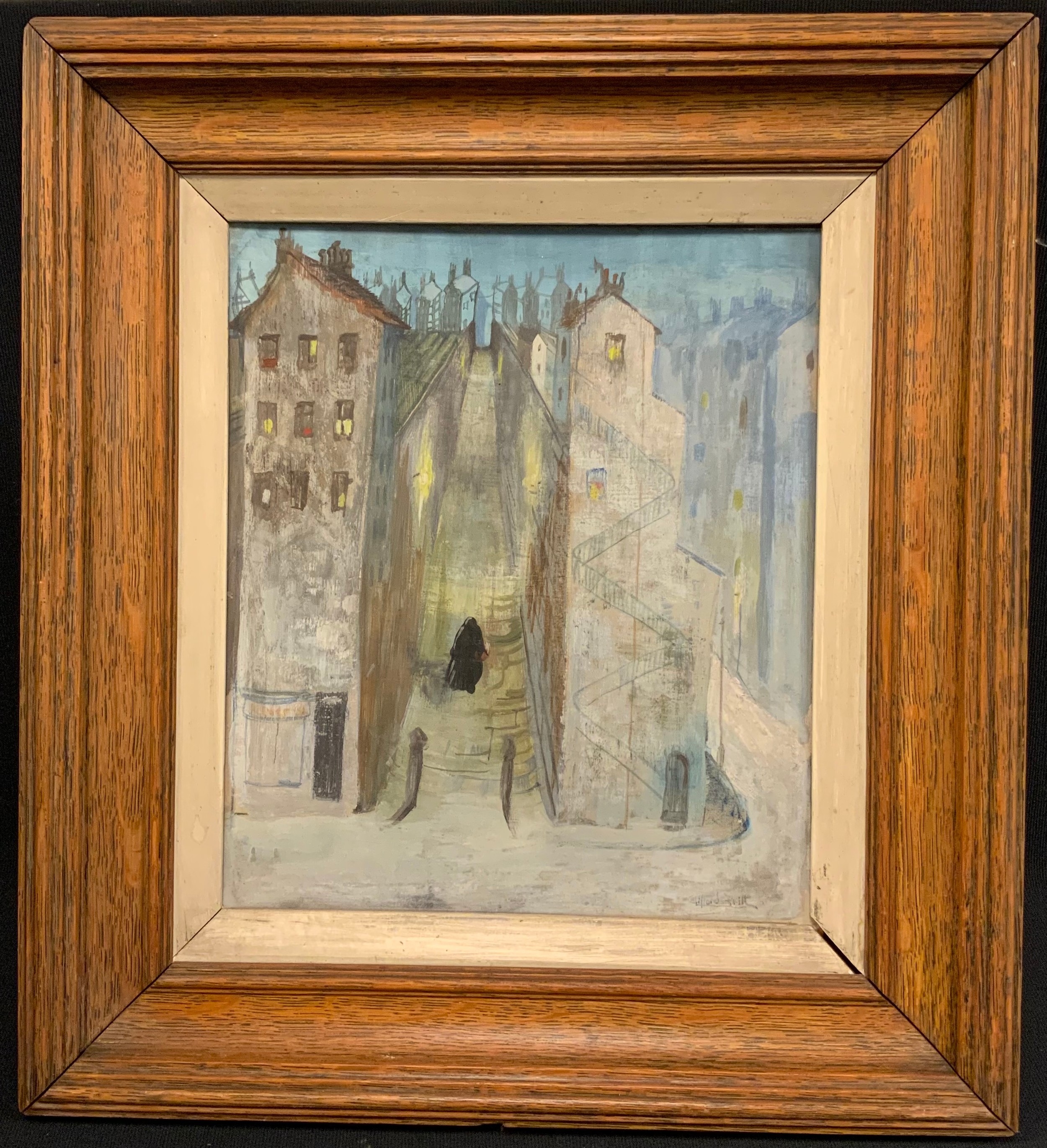 Clifford Frith (bn. 1924), Twilit town with figure, signed, oil on board, 32cm x 27.5cm.