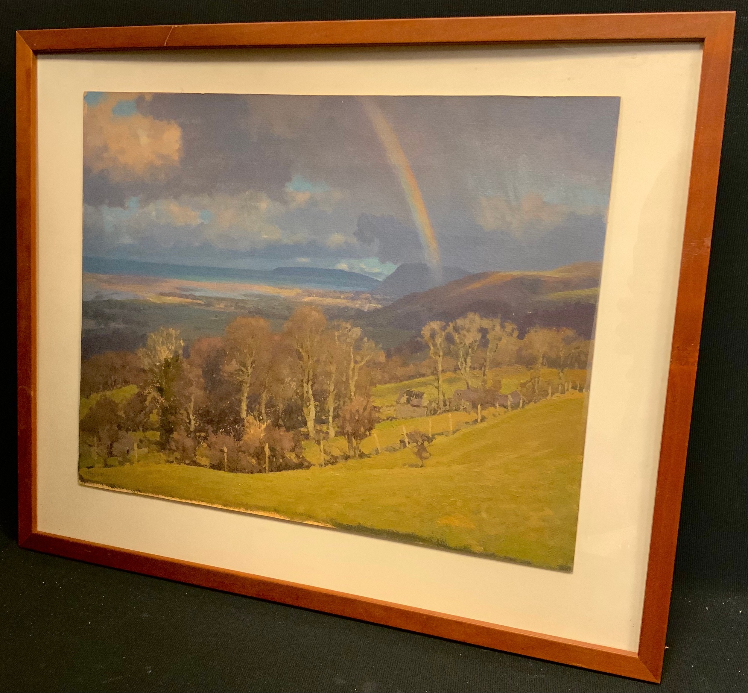 David Woodford (bn. 1938) Rainbow towards Penmaenmawr, Wales signed, oil on board, 31cm x 40cm
