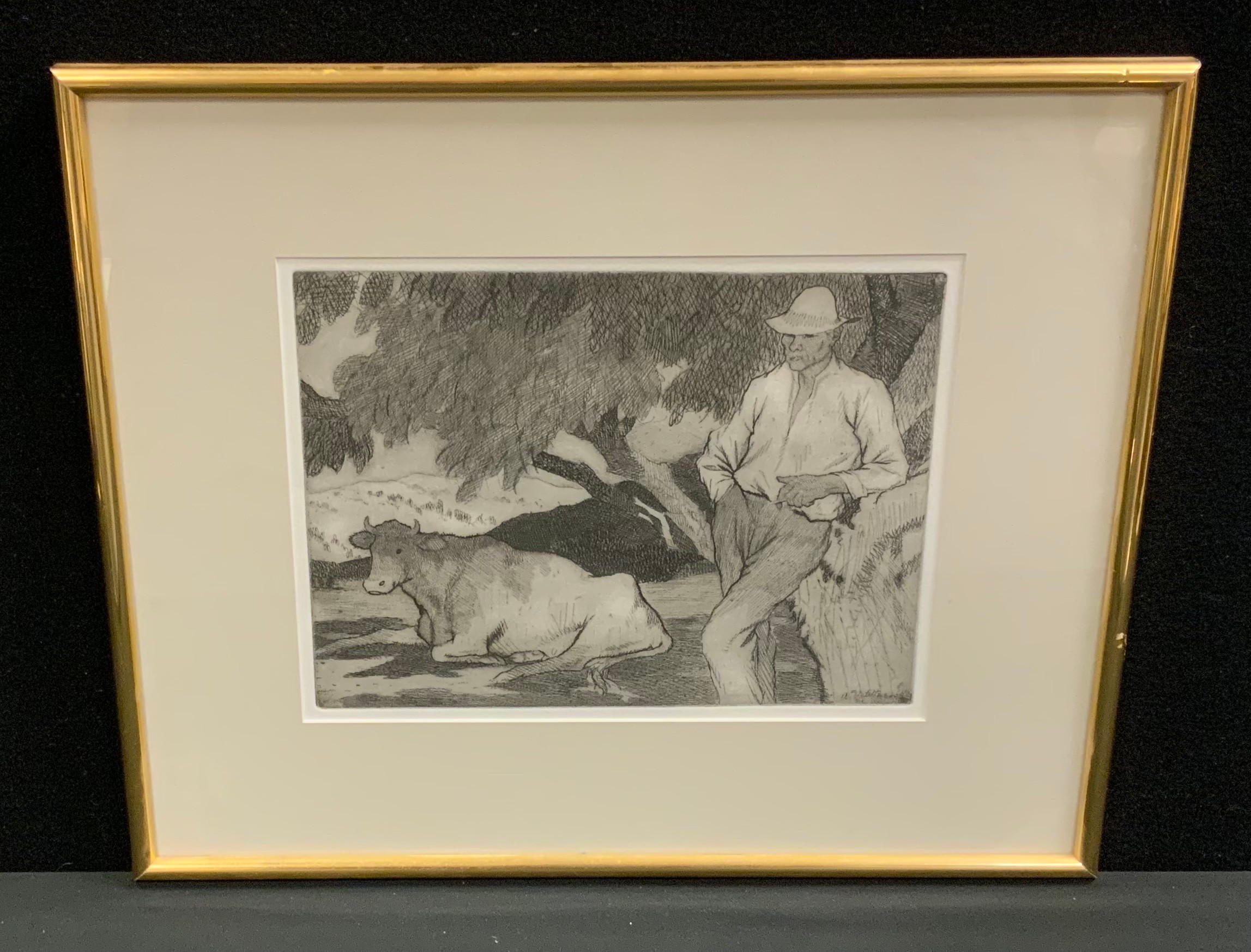 Adolph Vallette (1876-1942) Bull and Farmer Beneath the Trees, etching, 23.5cm x 31cm