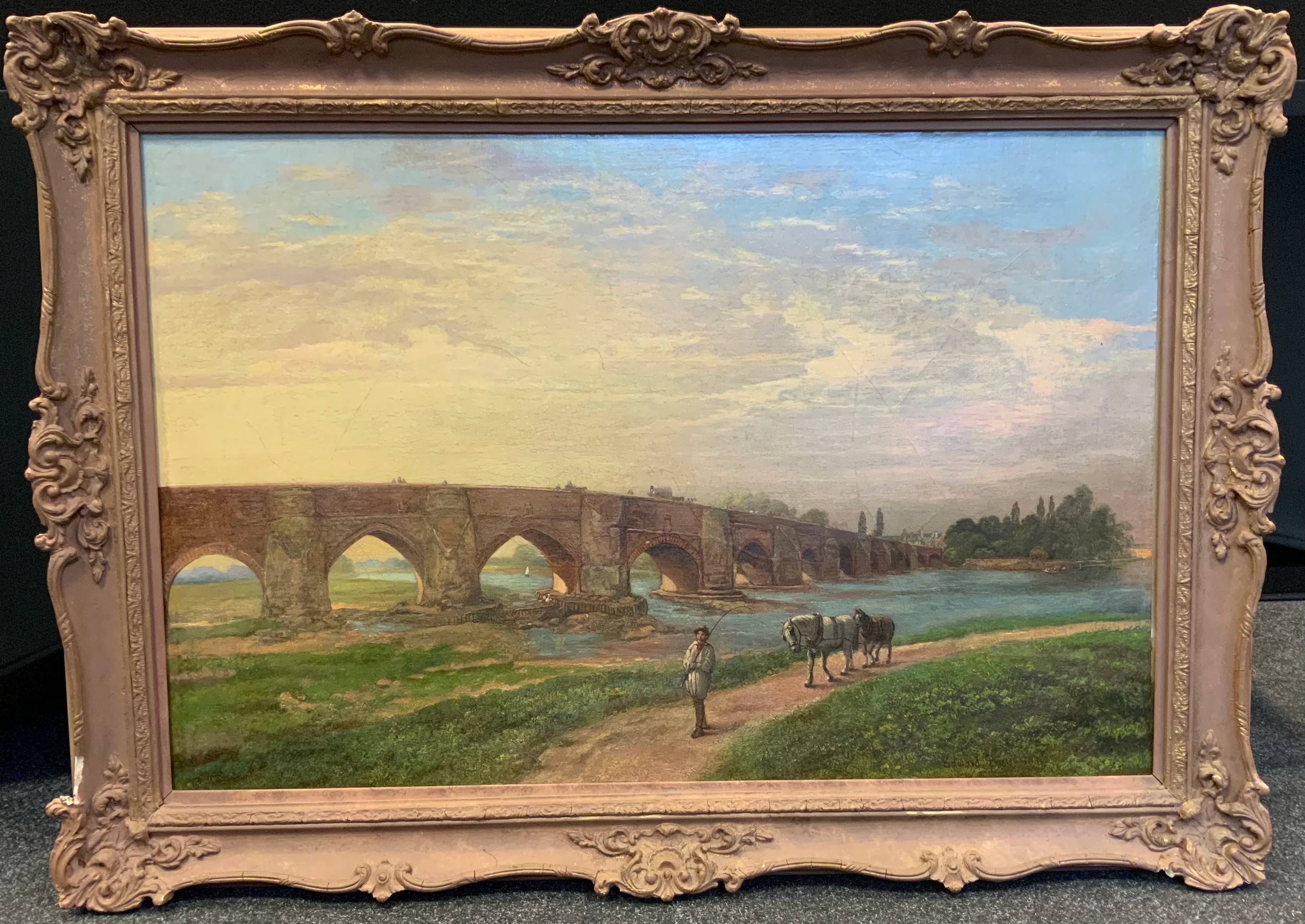 Edward Price, (1801-1890), A View of the Old Trent Bridge, from the South of the River; signed, oil on paper laid on canvas, 60cm x 89cm