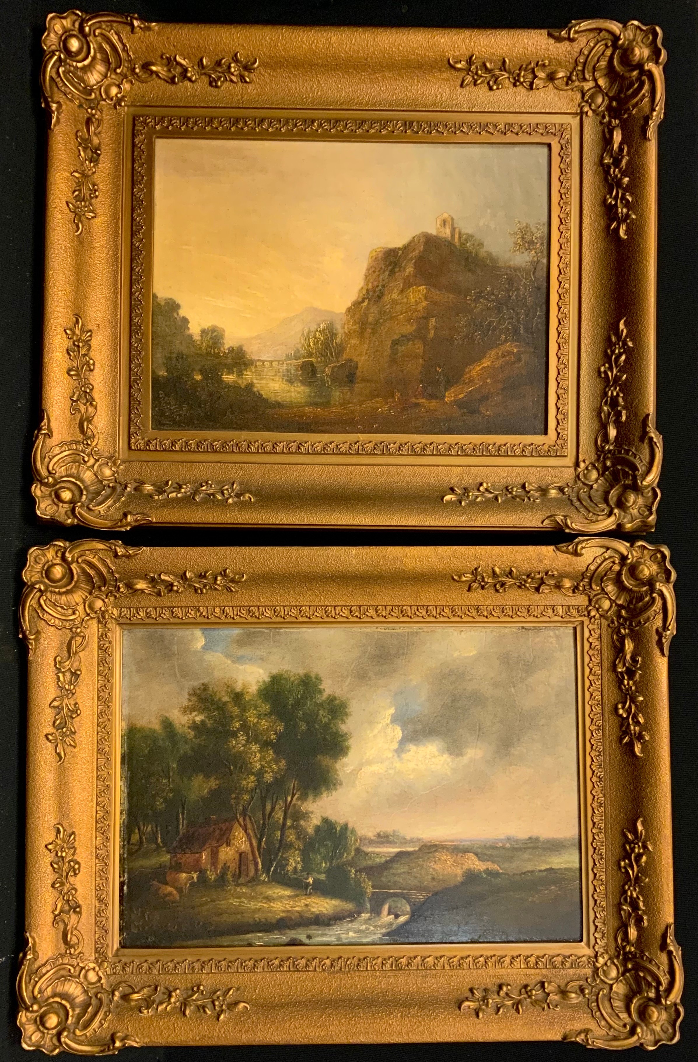 After Richard Wilson RA A Pair, River landscape with Ruins and Dairy by the Bridge attributed in biro to verso, oil on board, 22cm x 29cm