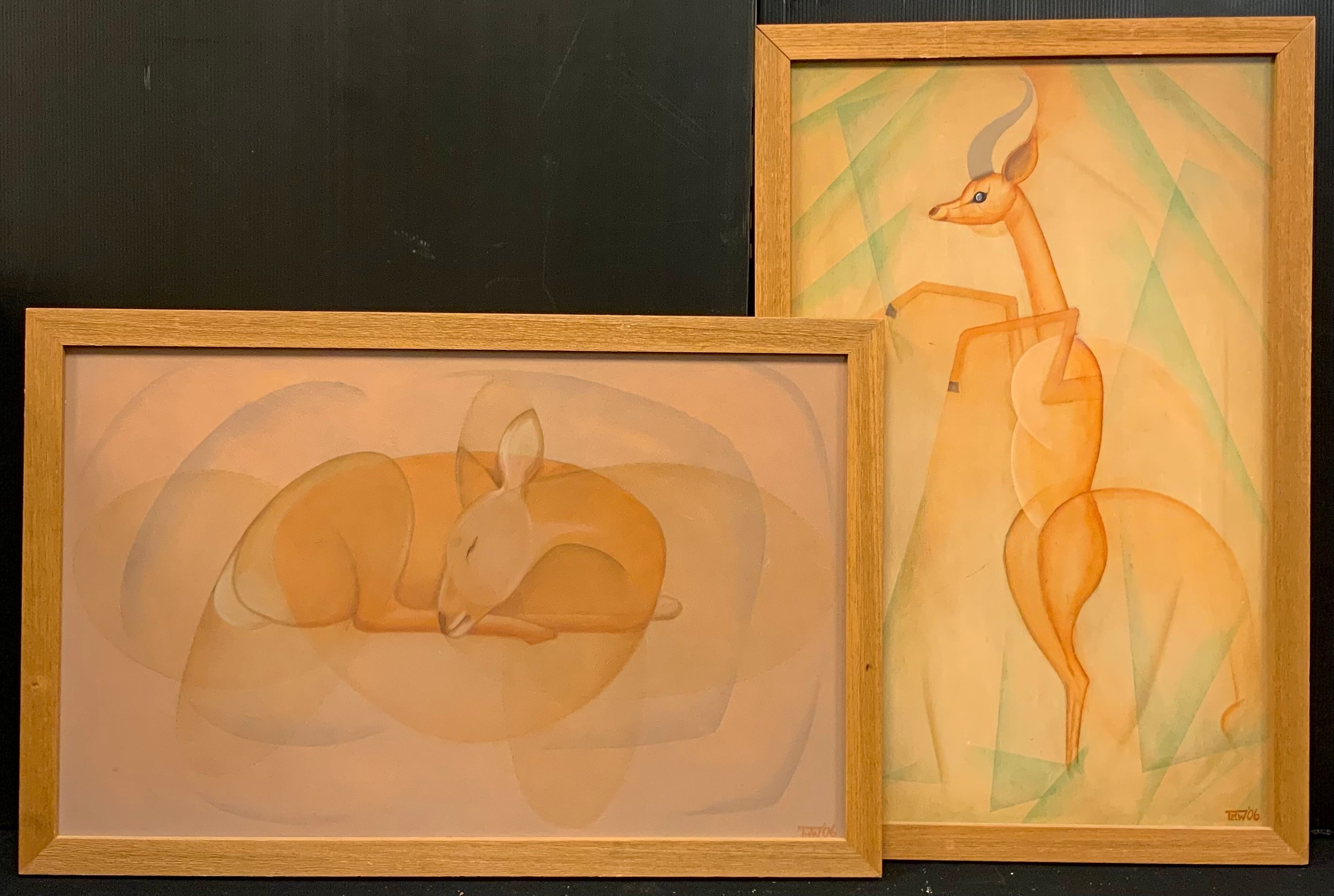 Trefor Williams A Pair, Gerenuk III and Deer at Nara monogrammed TMW '06, oils on board, 37cm x 59cm