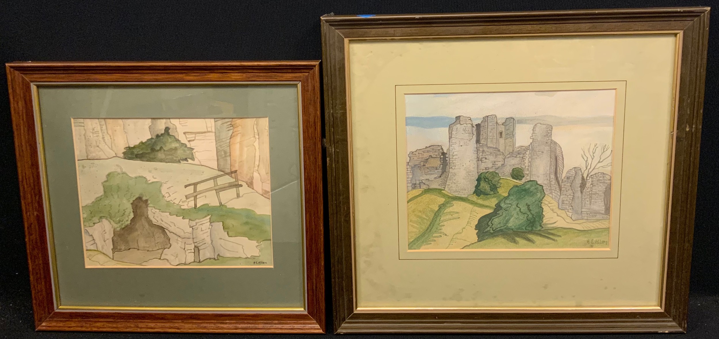 Harry Epworth Allen RBA, PS (1894-1958) Conisborough Castle, signed, mixed media, 17cm x 21cm;  another, Cliff Face, 16.5cm x  20cm  (2)