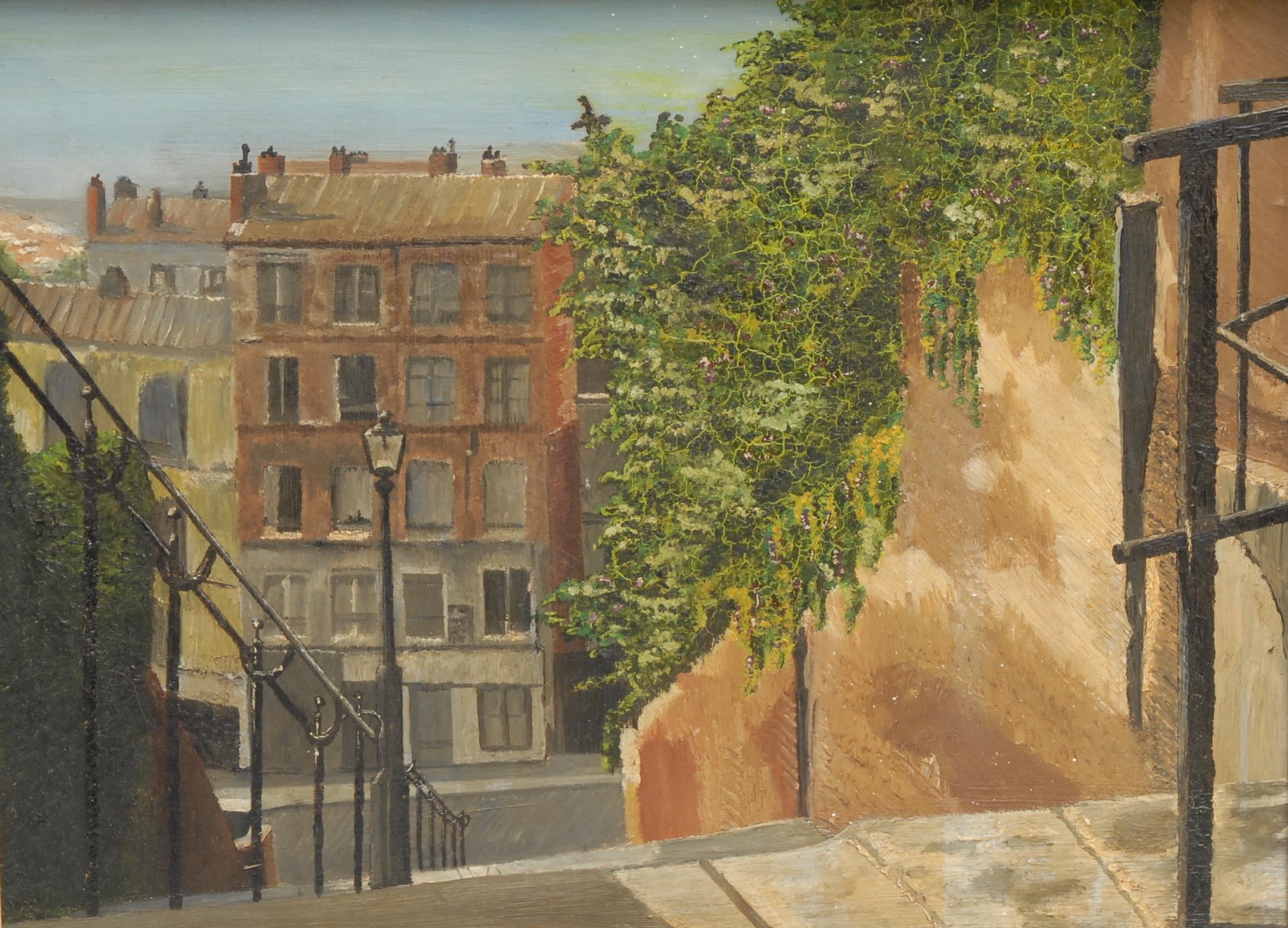 Attributed to Malcolm Drummond (1880-1945) Steps,  name inscribed in  biro to verso, oil on board, 30cm x 39cm