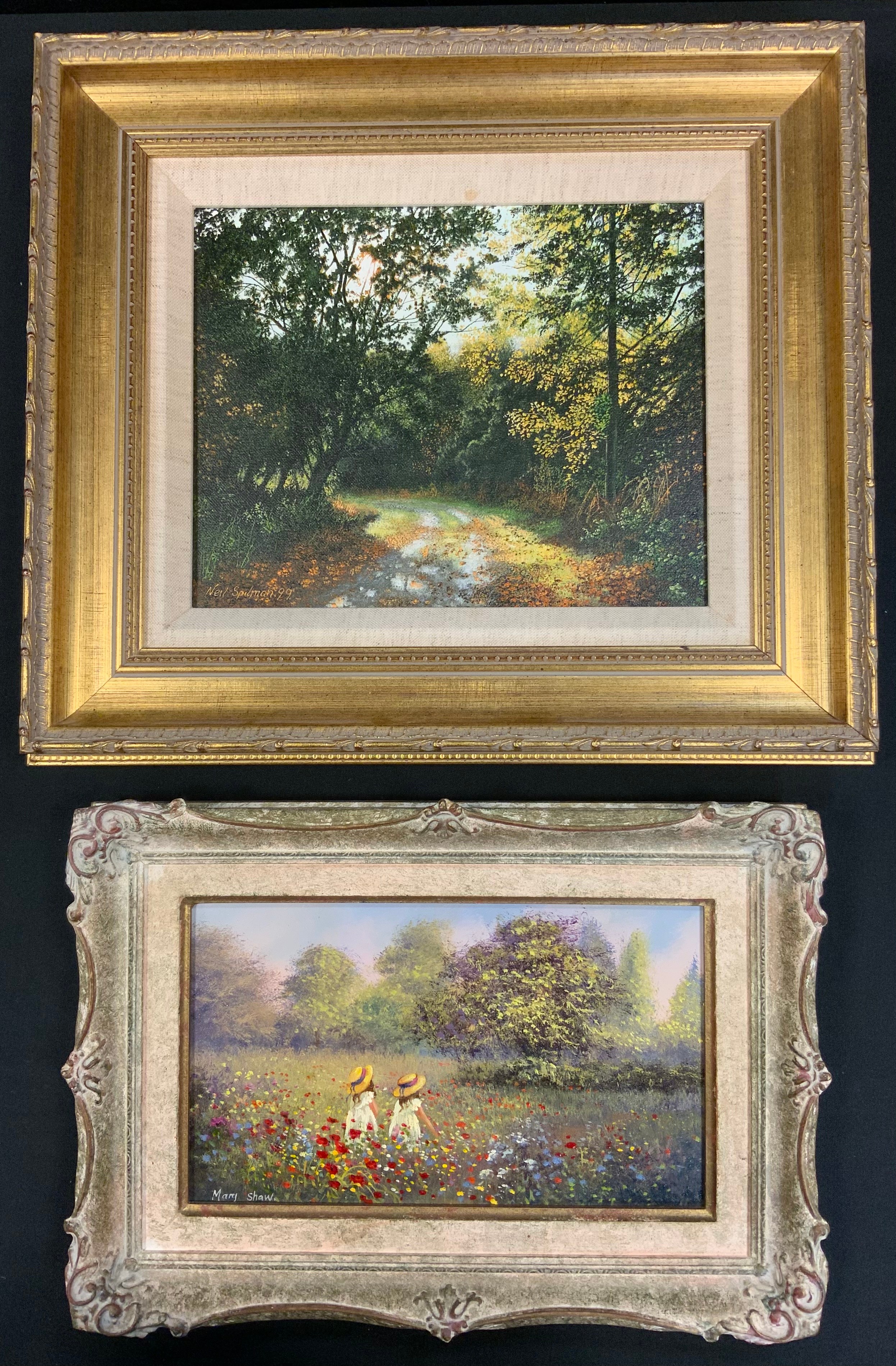 Neil Spilman, A Woodland Track, Summer's Evening, signed, oil on canvas, 20.5cm x 25cm;  Mary Shaw, The Summer Meadow, signed, oil on board, 14.5cm  24.5cm, (2).