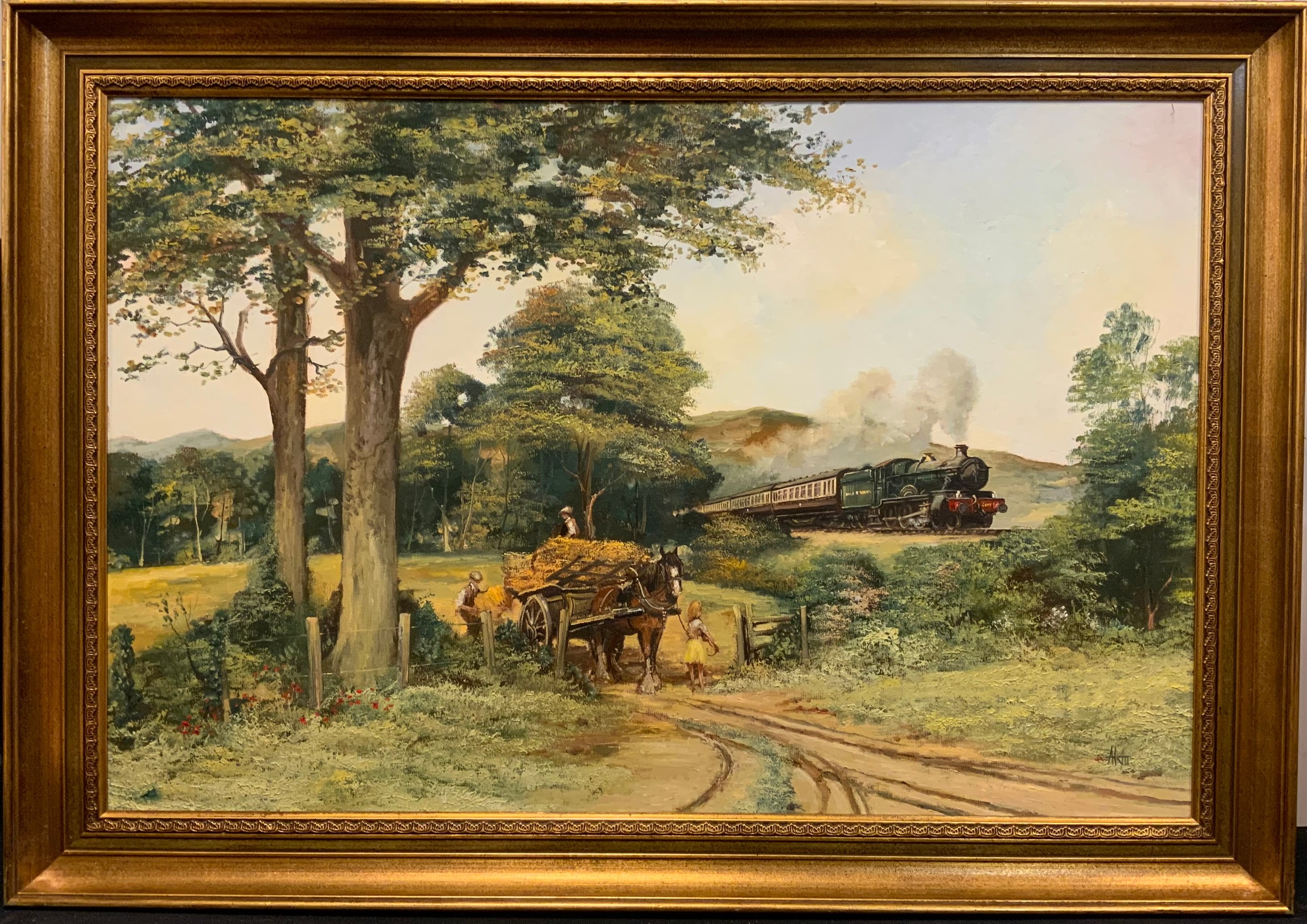 J Akin (contemporary) Summer Past, Great Western Railway signed, label to verso, oil on board, 49cm x 74cm