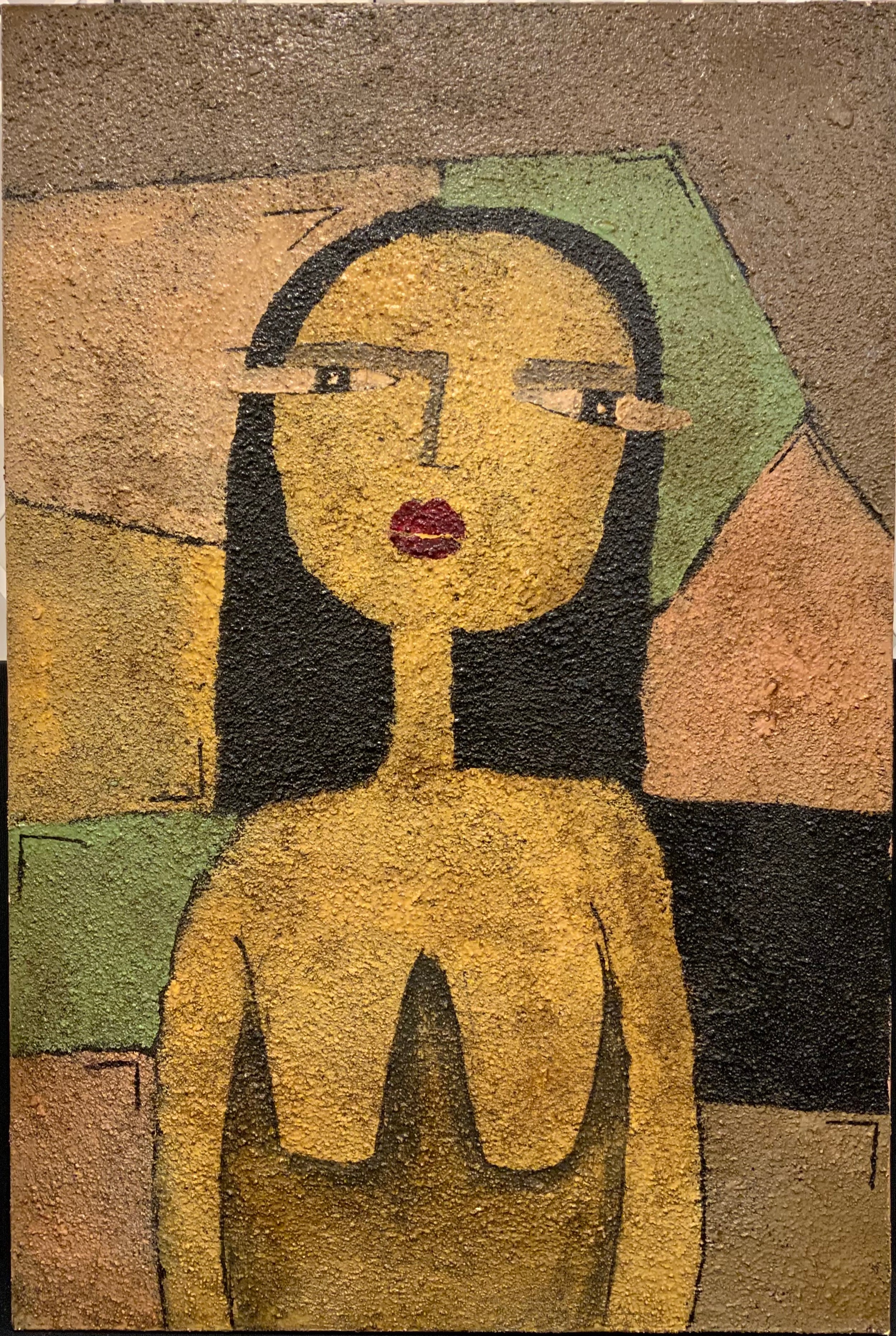 Modern British Naive School, Portrait of a Young Dark-haired girl, oil textured with grit, sand, gravel, on canvas, 90cm x 60cm