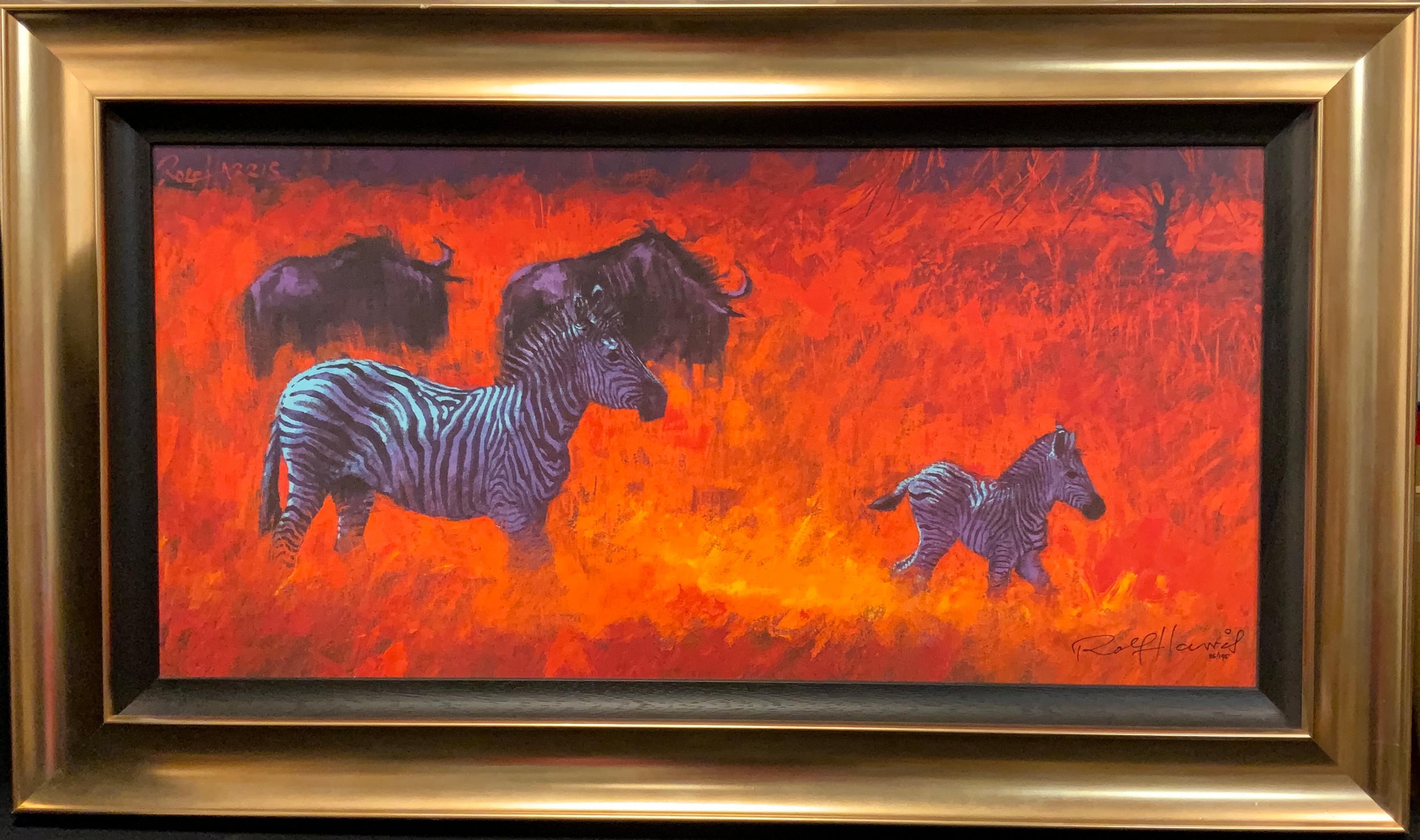 Rolf Harris, by and after, Zebra and Wildebeest, giclee paper and canvas board, limited edition 86/195, 41cm x 83cm